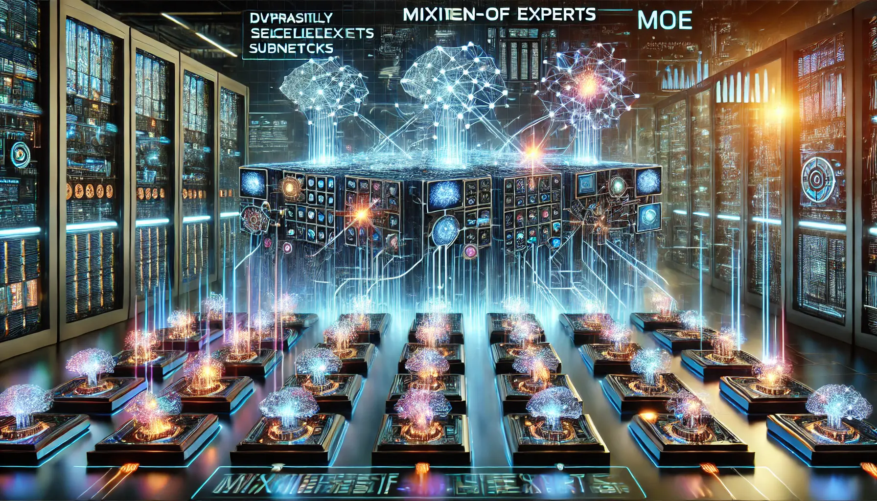 A futuristic AI system dynamically selecting specialized subnetworks, represented by glowing nodes and circuits in a neural network.