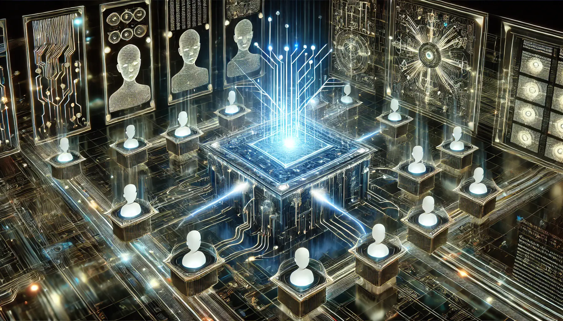 A digital representation of the Mixture-of-Experts (MoE) framework with expert models and glowing pathways connecting to a central processing unit.