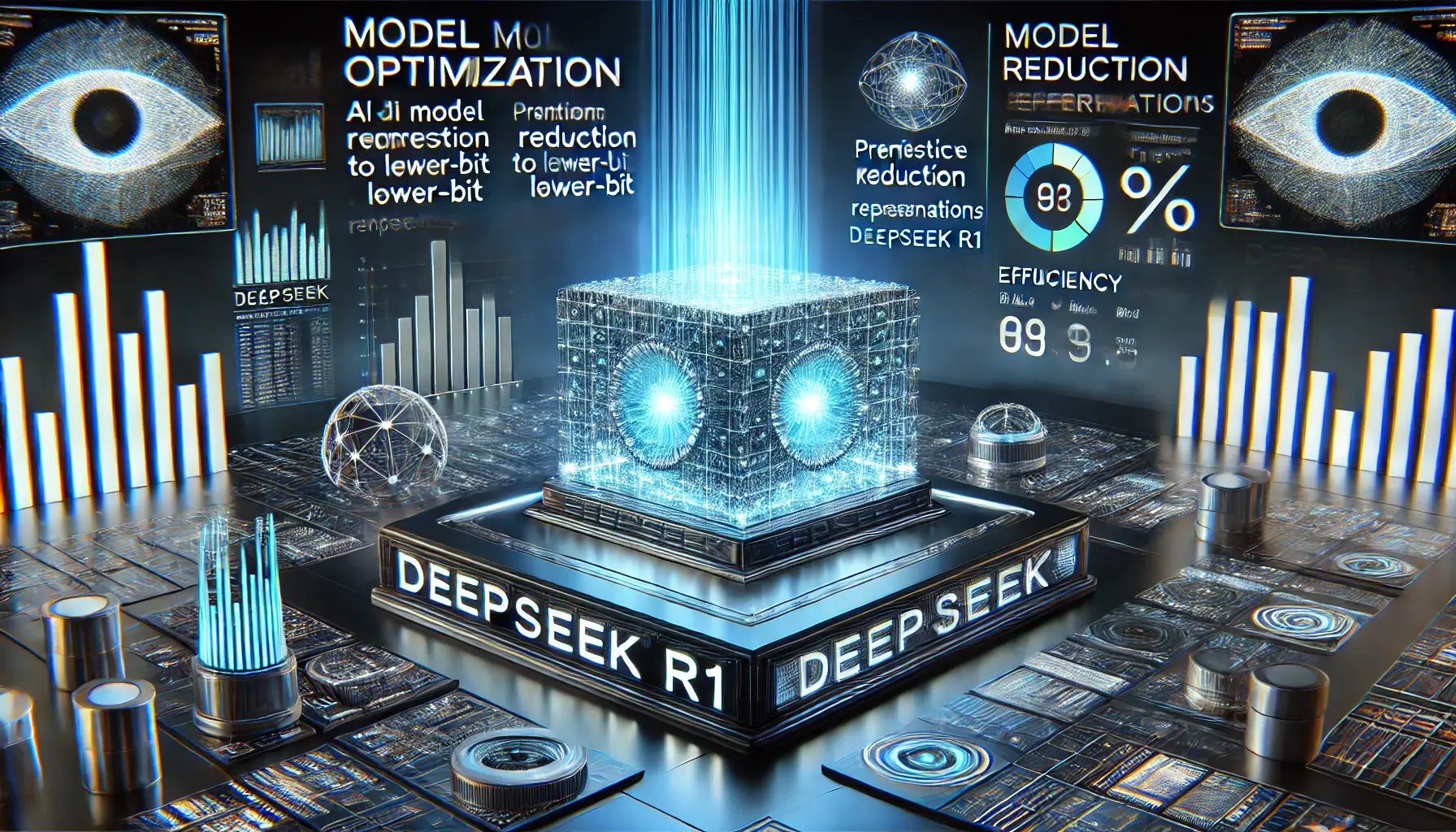 A futuristic AI model optimization scene displaying holographic interfaces showing model compression, precision reduction, and efficiency metrics. A glowing AI core represents DeepSeek R1, surrounded by data streams visualizing performance improvements and reduced memory usage.