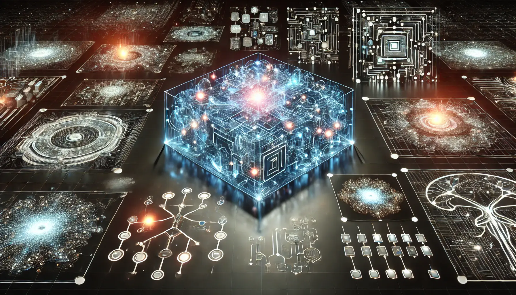 A futuristic digital representation of multiple AI model variants, each with distinct computational layers and neural network structures.