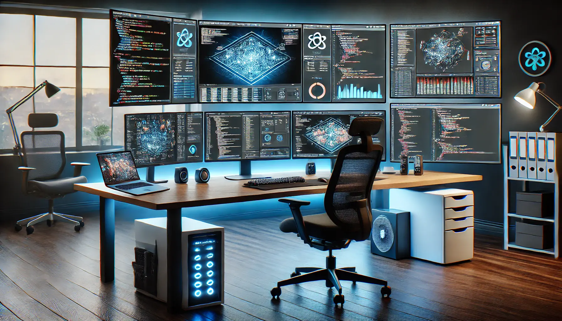 A modern developer's desk with multiple screens displaying coding environments, performance metrics, and version control tools like Git, optimized for AI development and configuration.