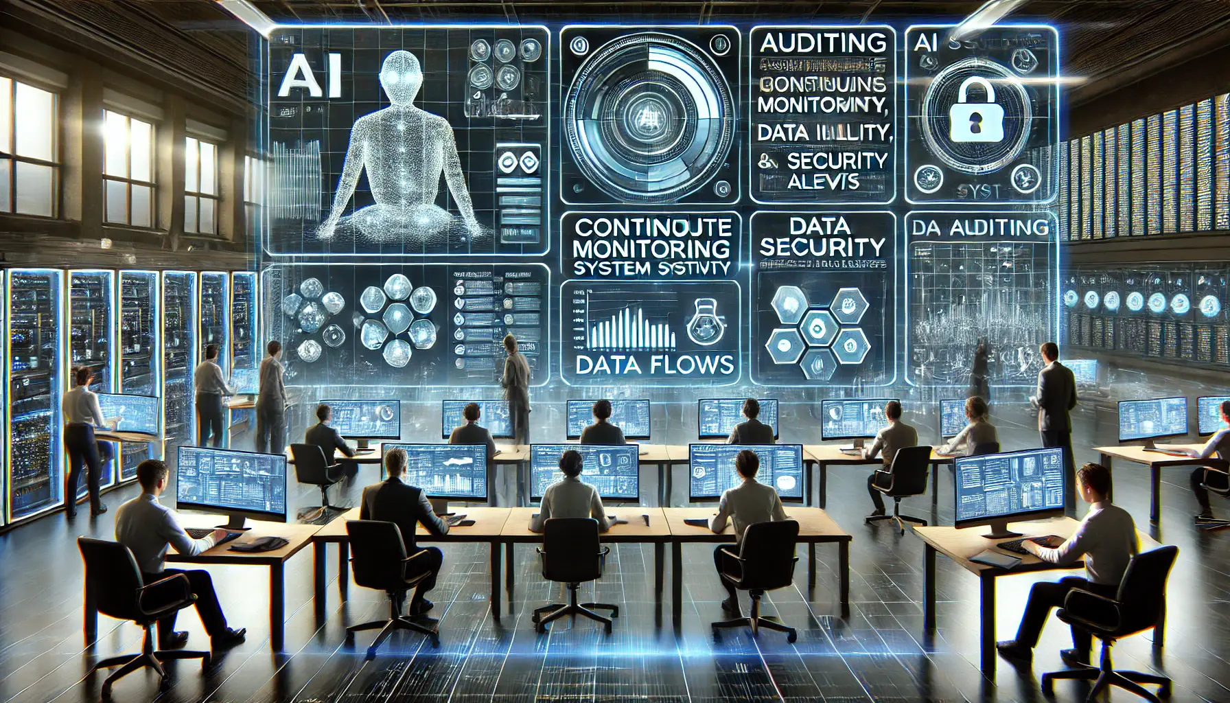 Professionals monitoring and auditing AI system activity in a futuristic control room with multiple holographic screens displaying data flows and security alerts.