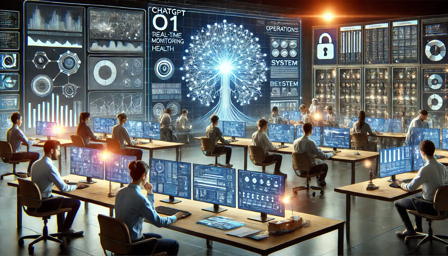 Engineers monitoring and maintaining the performance of ChatGPT o1 in a high-tech operations center with real-time system monitoring and adjustments.