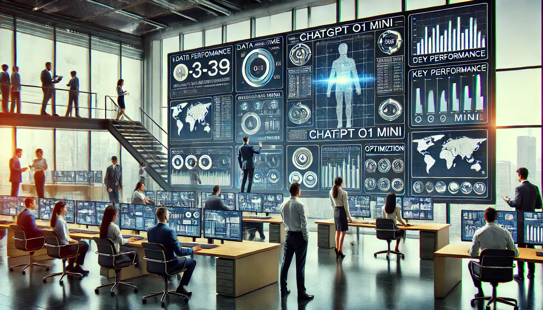 A team of professionals monitoring and optimizing ChatGPT o1 mini's performance using digital screens displaying AI metrics and optimization suggestions.