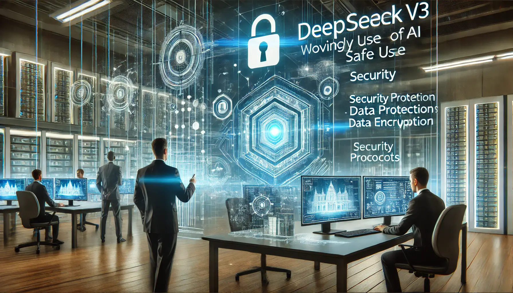 Professionals monitoring and updating AI systems in a secure workspace, with holographic security protocols and encryption measures displayed.