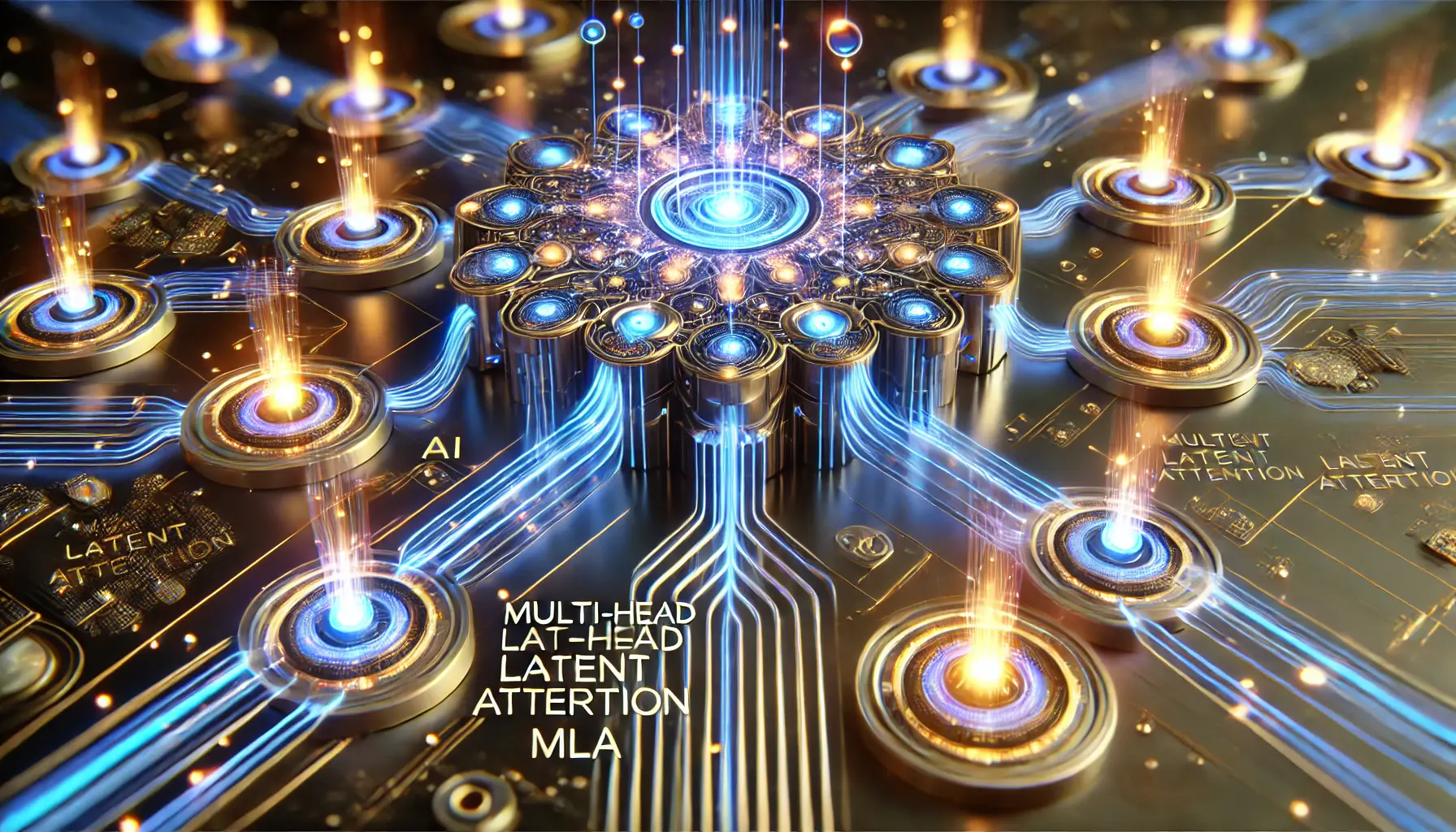 Futuristic visualization of the Multi-Head Latent Attention mechanism, showing interconnected AI nodes processing multiple aspects of data simultaneously.