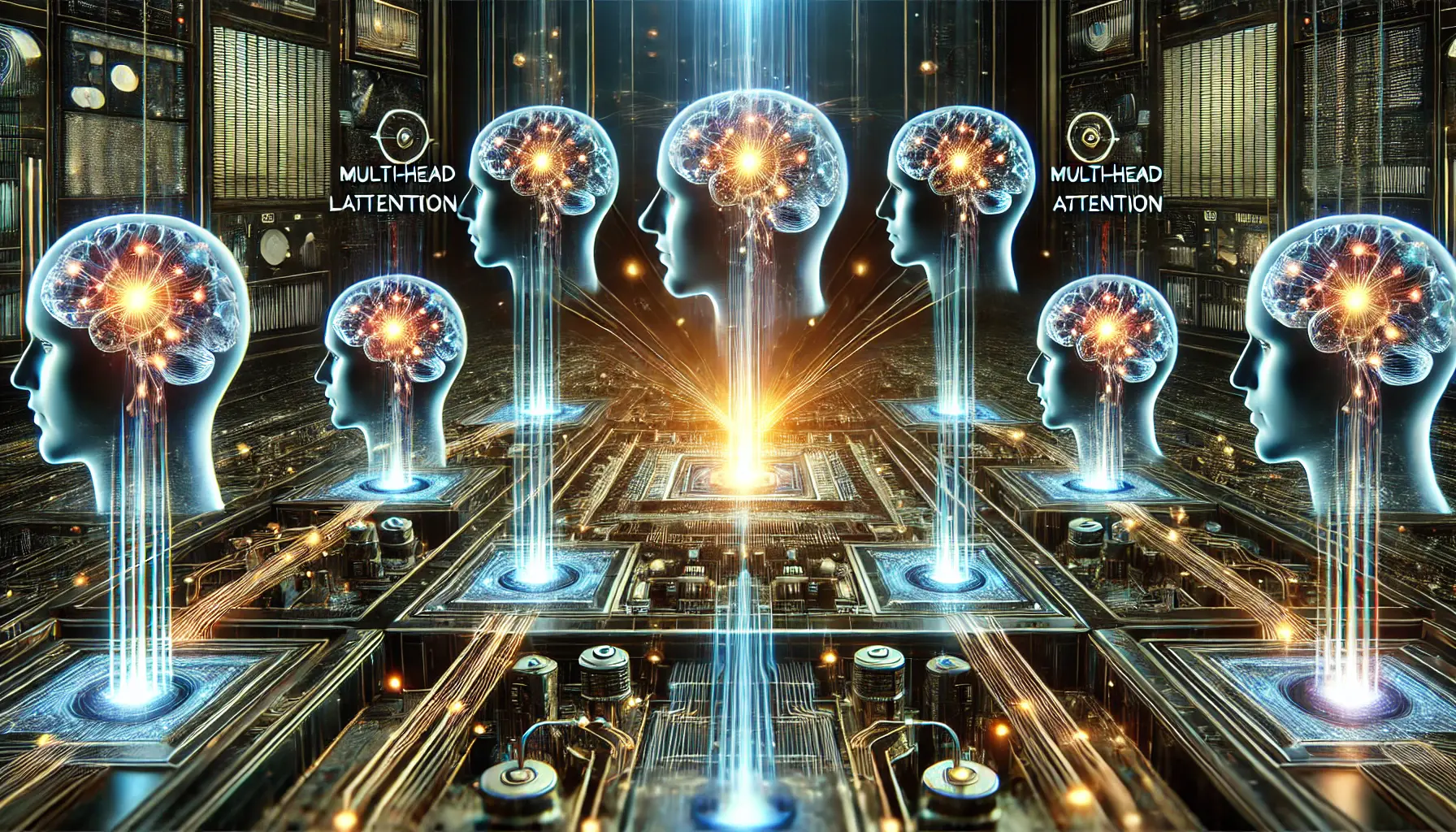 A futuristic visualization of the Multi-head Latent Attention (MLA) mechanism with parallel attention heads focusing on different data aspects.