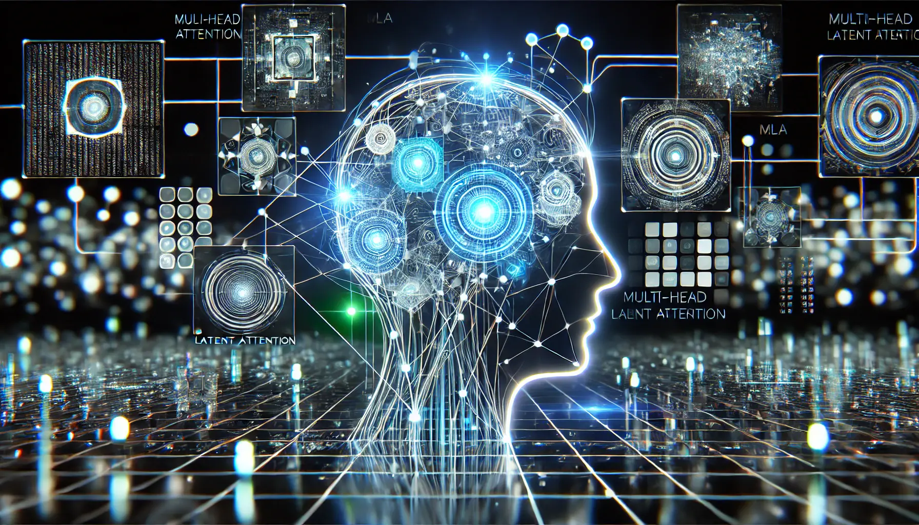 A futuristic AI visualization showcasing Multi-Head Latent Attention with multiple attention heads analyzing different data aspects simultaneously.