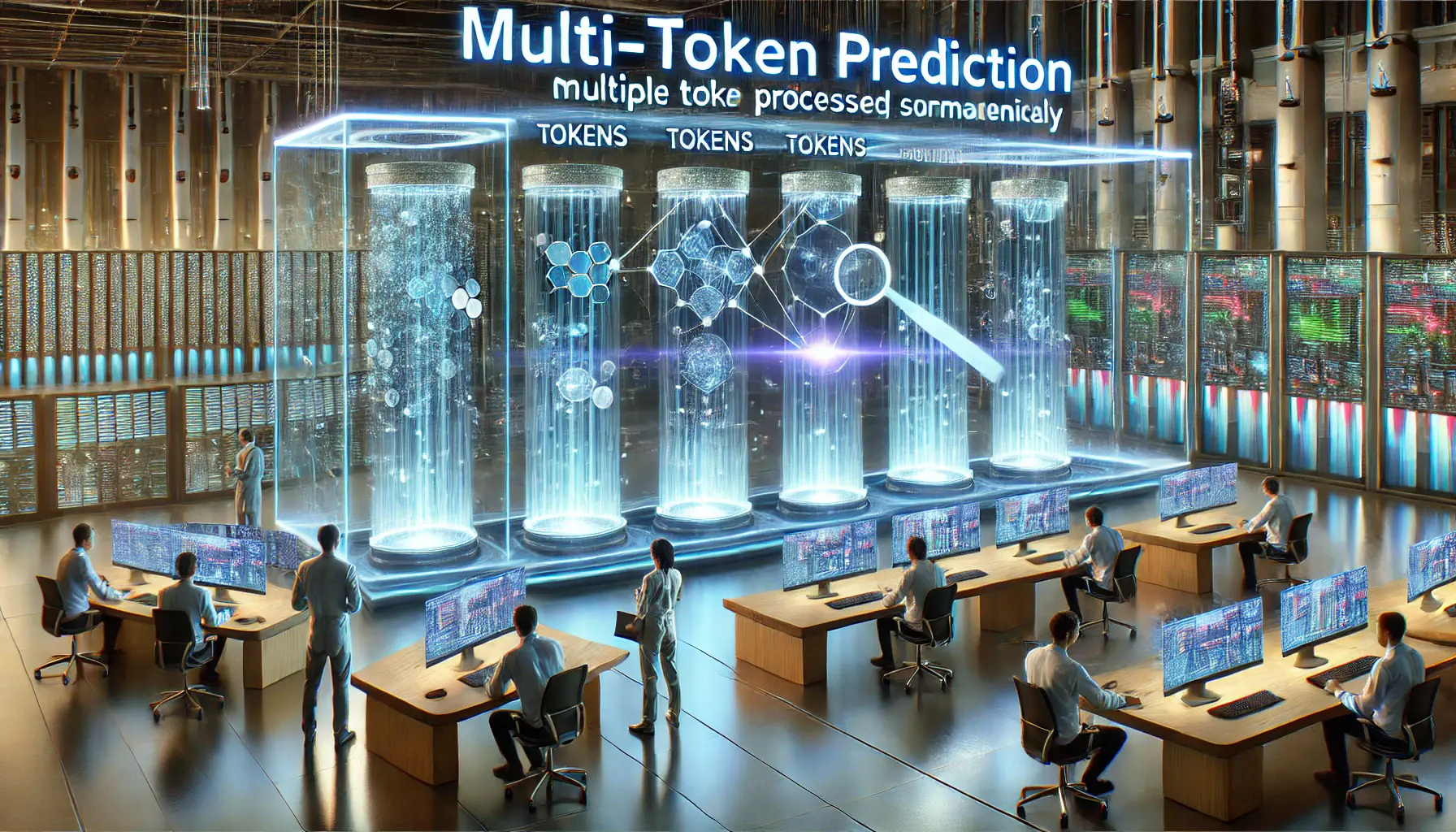 A high-tech AI lab showcasing the Multi-Token Prediction (MTP) feature, with multiple tokens being processed simultaneously in parallel.