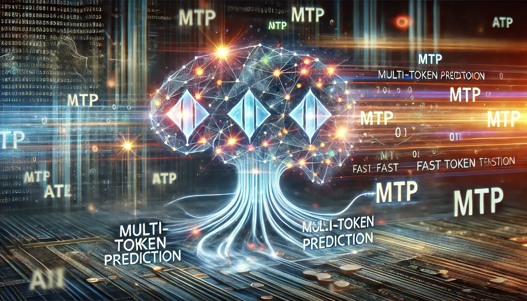 A futuristic neural network generating multiple glowing tokens simultaneously, symbolizing the Multi-Token Prediction (MTP) mechanism in AI.