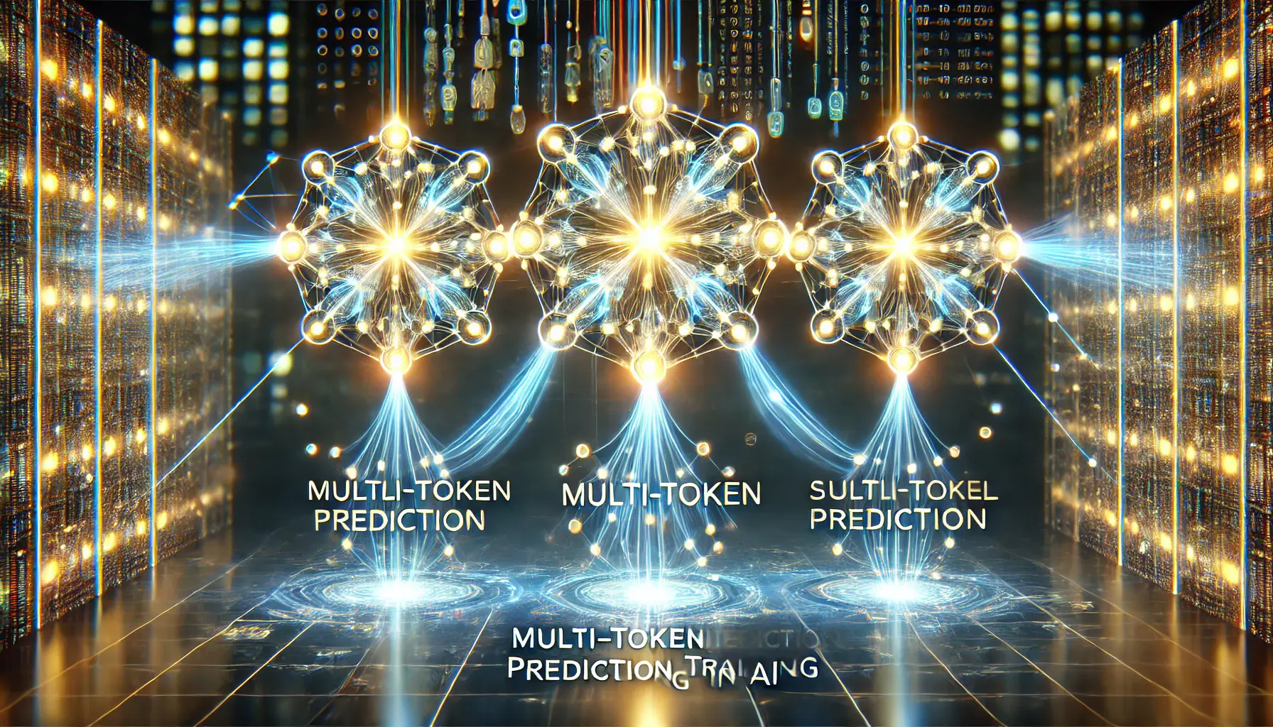 A digital representation of Multi-Token Prediction Training in AI, showing simultaneous prediction of multiple tokens.