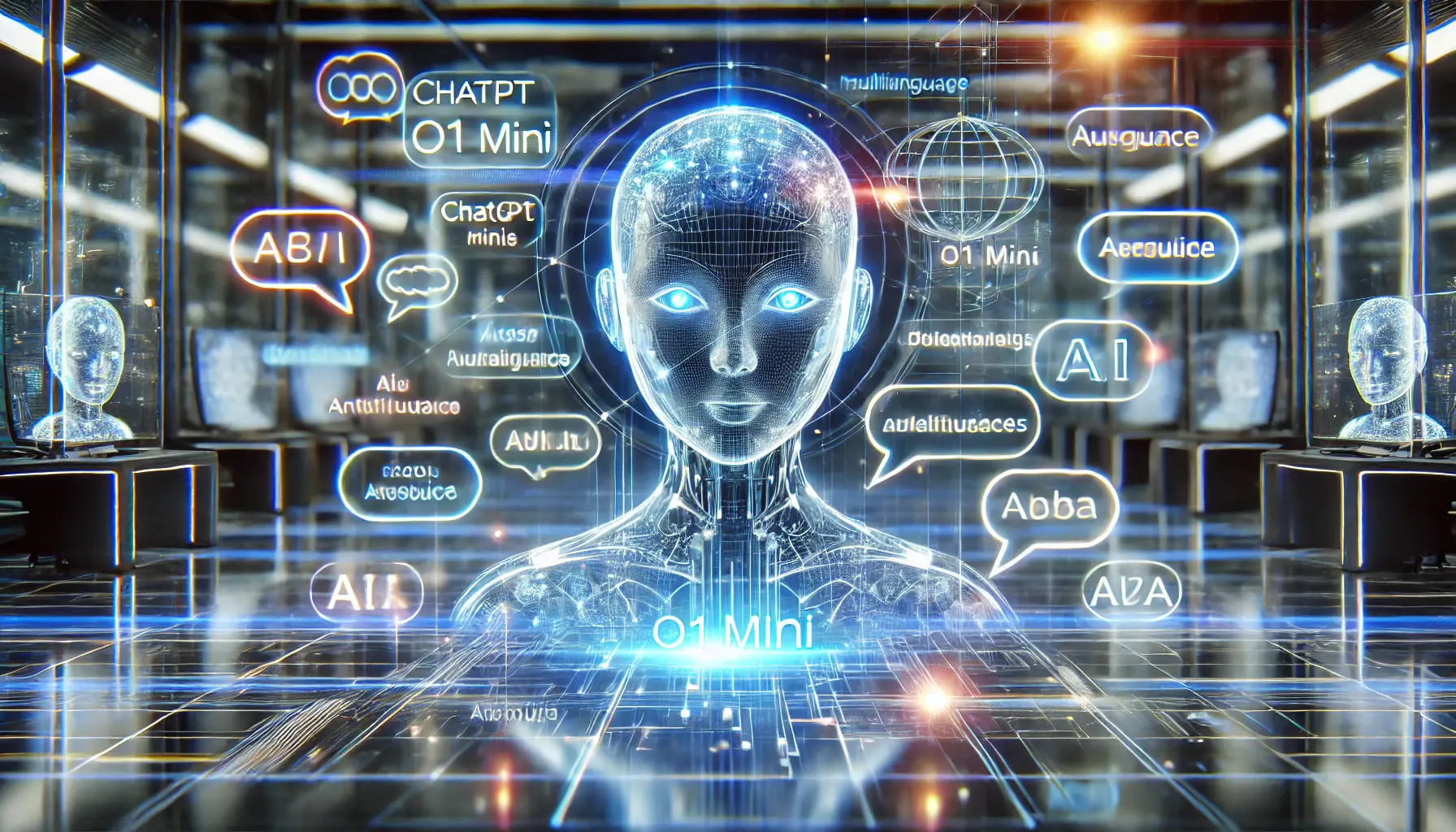 A futuristic AI-powered chatbot, ChatGPT o1 Mini, interacting with multiple languages through a holographic interface, representing seamless global communication.