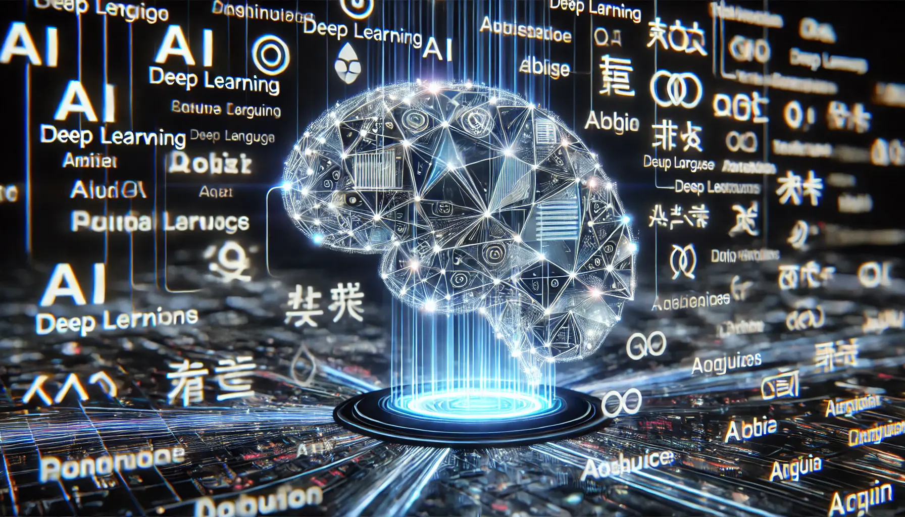 A futuristic digital representation of AI processing multilingual data, showcasing glowing data streams from multiple languages entering a neural network.