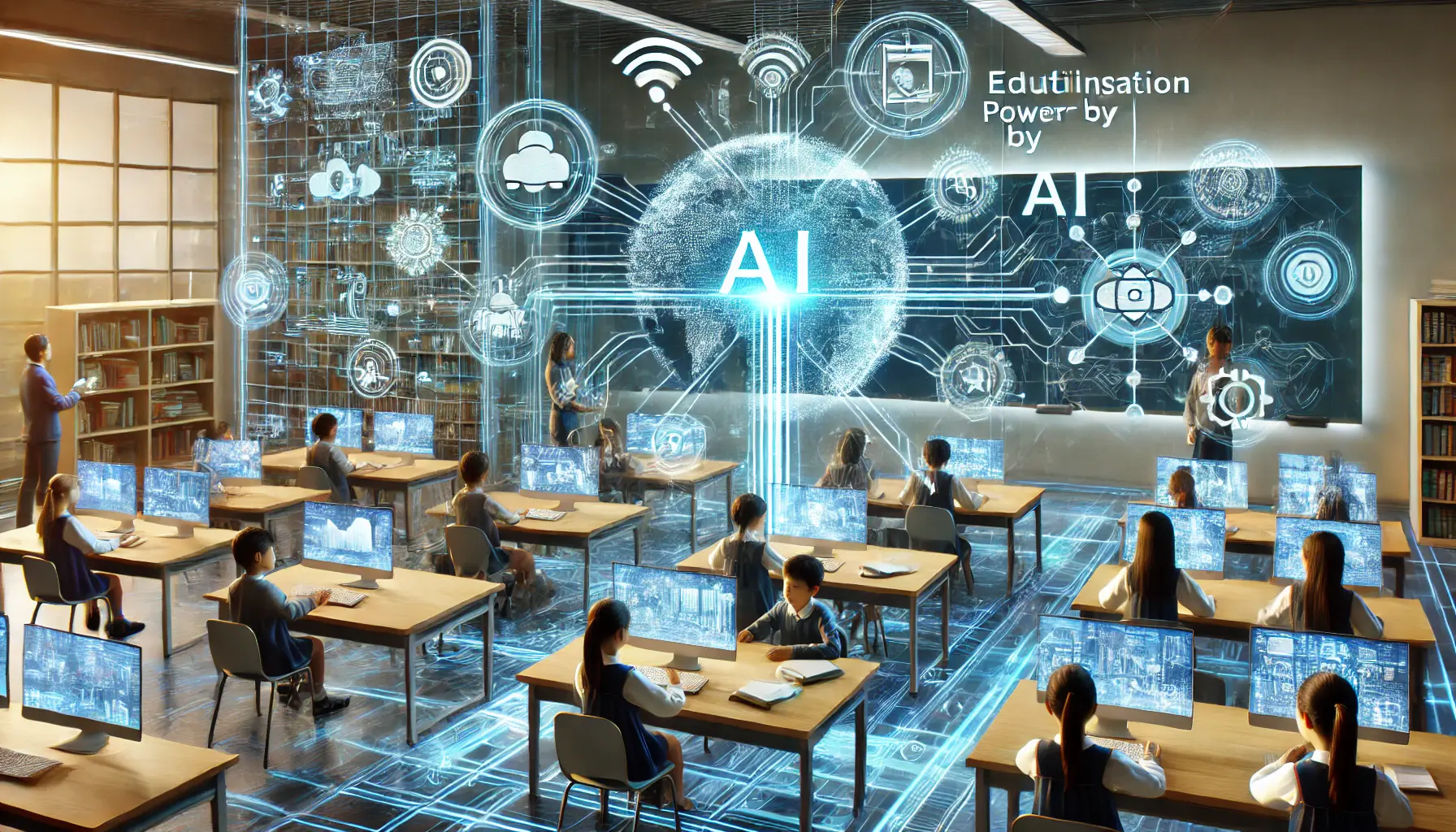 A digital representation of multilingual educational tools, with students interacting with AI in a futuristic classroom.