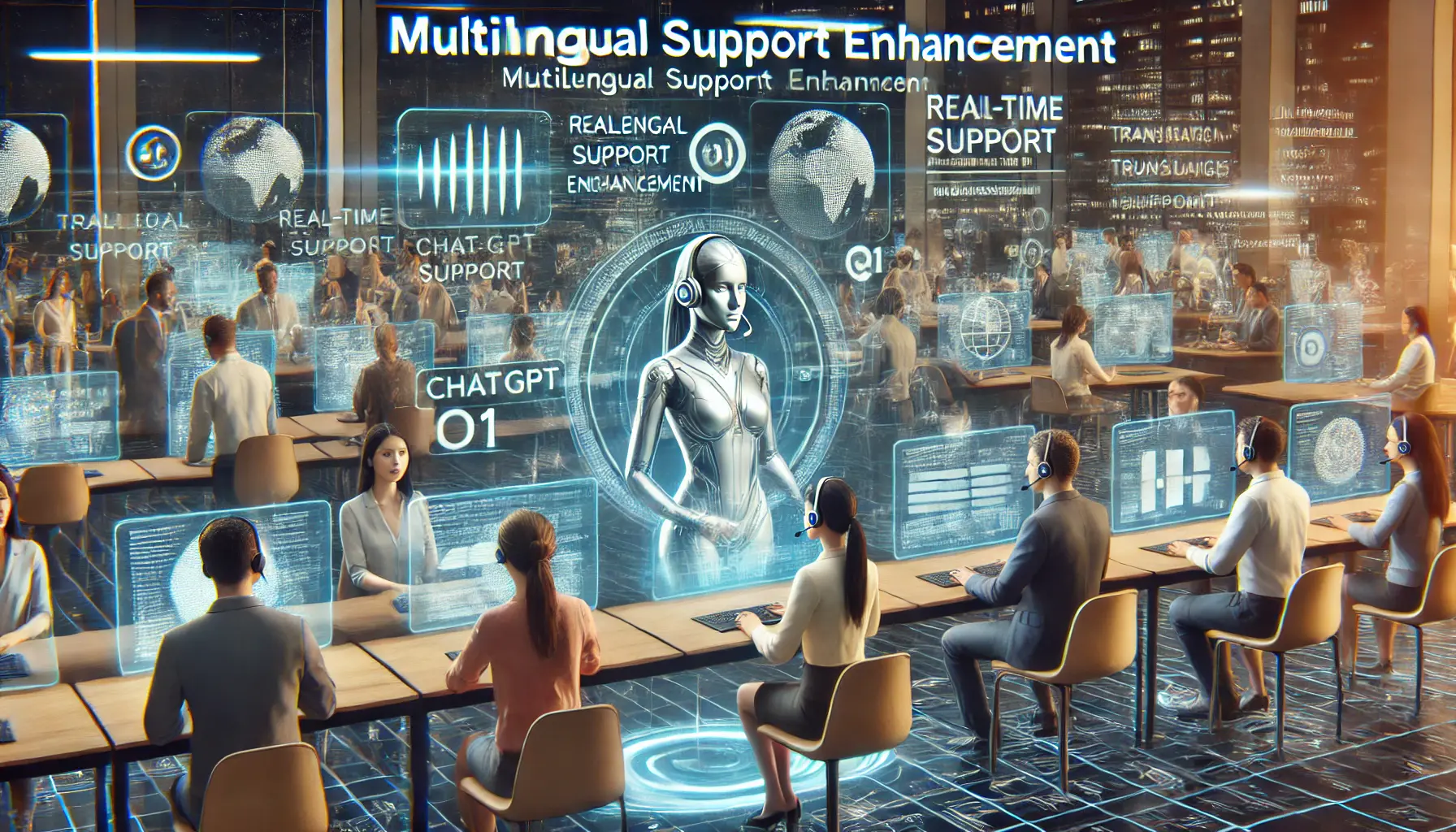 A high-tech customer support environment with AI systems providing multilingual support, offering real-time translations and assistance in various languages through holographic displays.