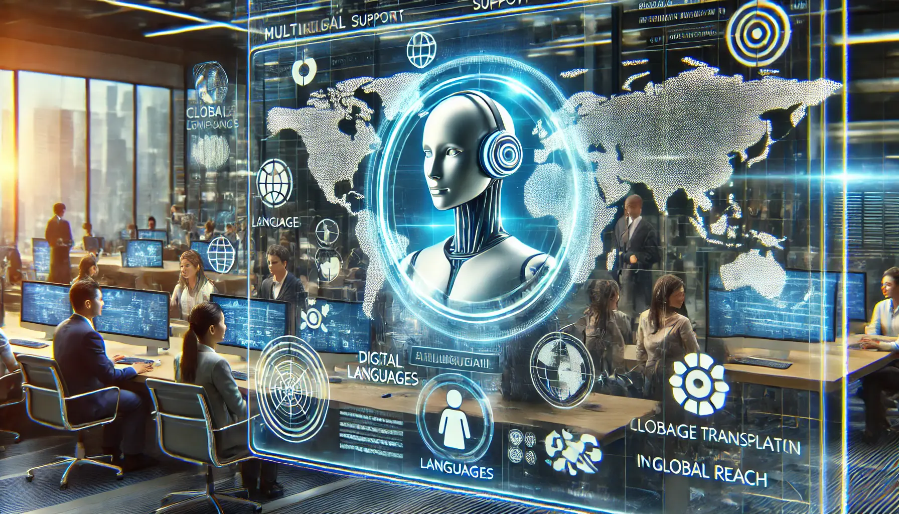 A futuristic AI-driven customer support system with a digital assistant interacting with diverse users. A holographic world map displays real-time language processing, symbolizing seamless multilingual communication.