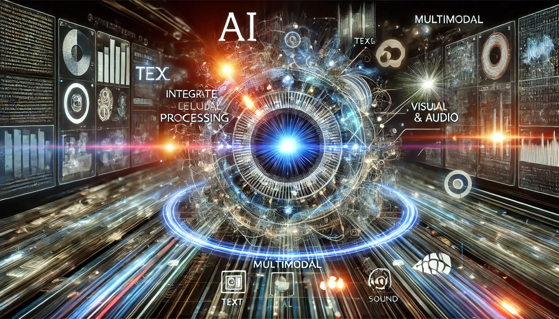 A futuristic AI core processing multiple data types like text, images, and audio in a high-tech environment.