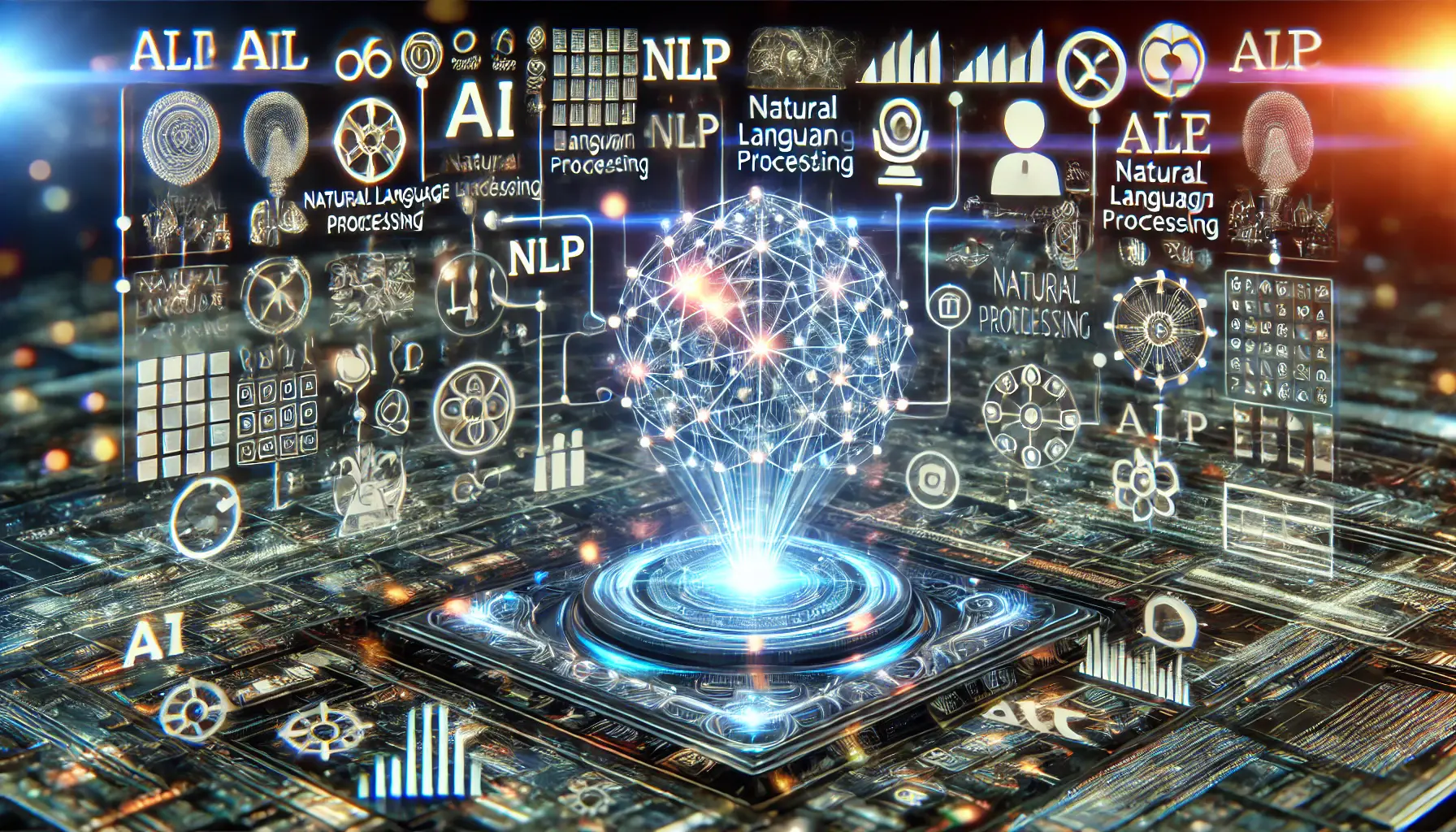 A high-tech AI system processing multiple human languages, surrounded by glowing neural networks and interconnected data streams representing linguistic structures.