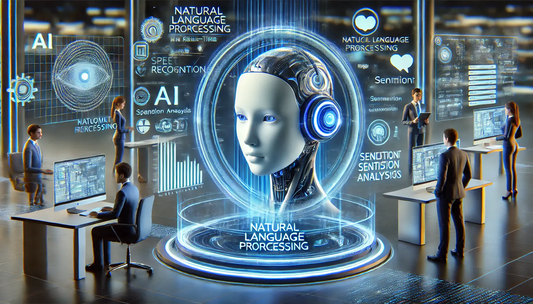 A futuristic AI system processing natural language inputs with real-time speech recognition, sentiment analysis, and language translation through a high-tech interface.