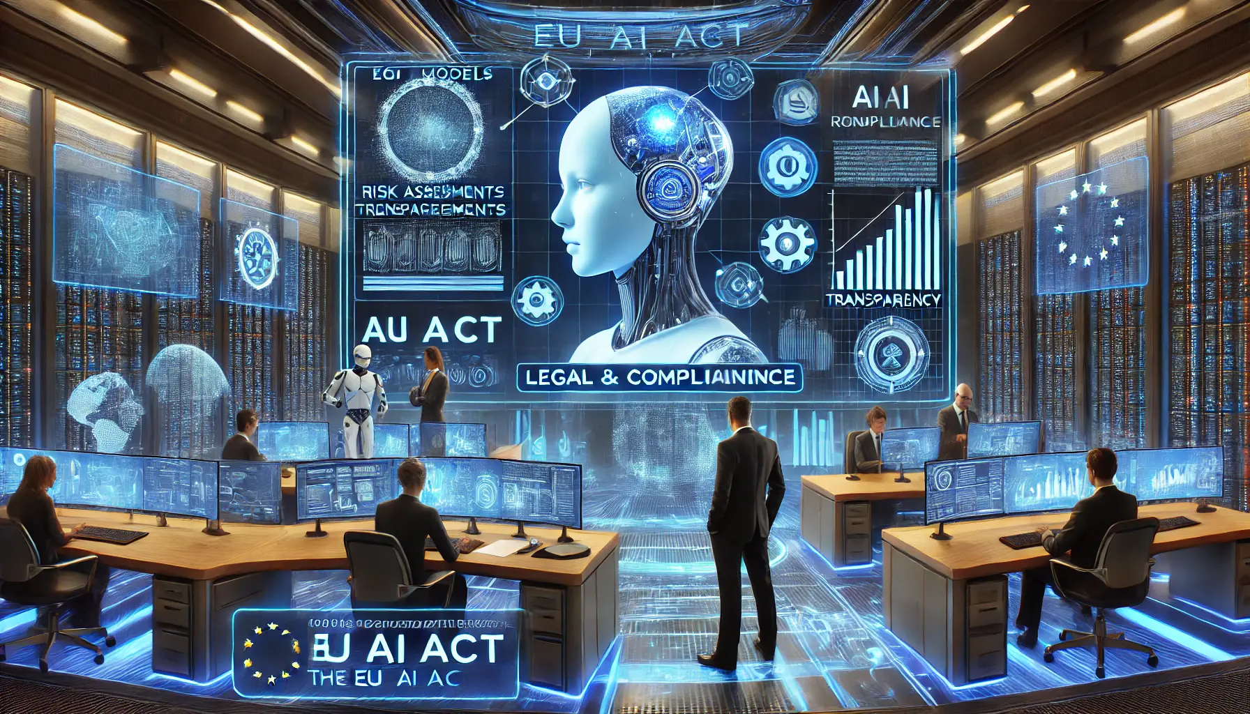 A high-tech legal and compliance workspace where professionals ensure AI models like Qwen comply with the EU AI Act, reviewing holographic displays with risk assessments and compliance metrics.