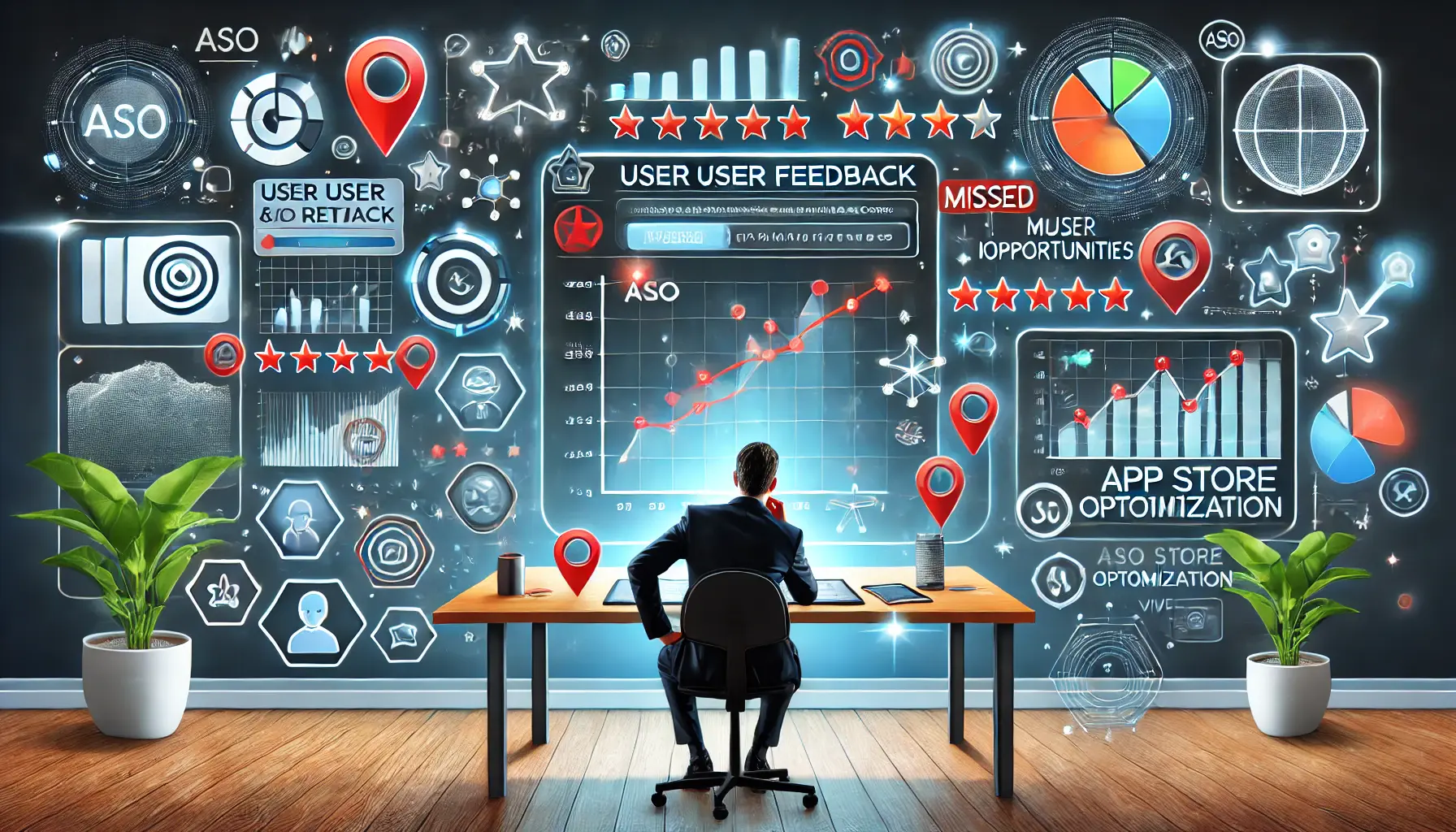 A digital illustration showing a workspace with a designer overlooking a dashboard displaying user feedback, reviews, and analytics graphs, with missed opportunities highlighted.