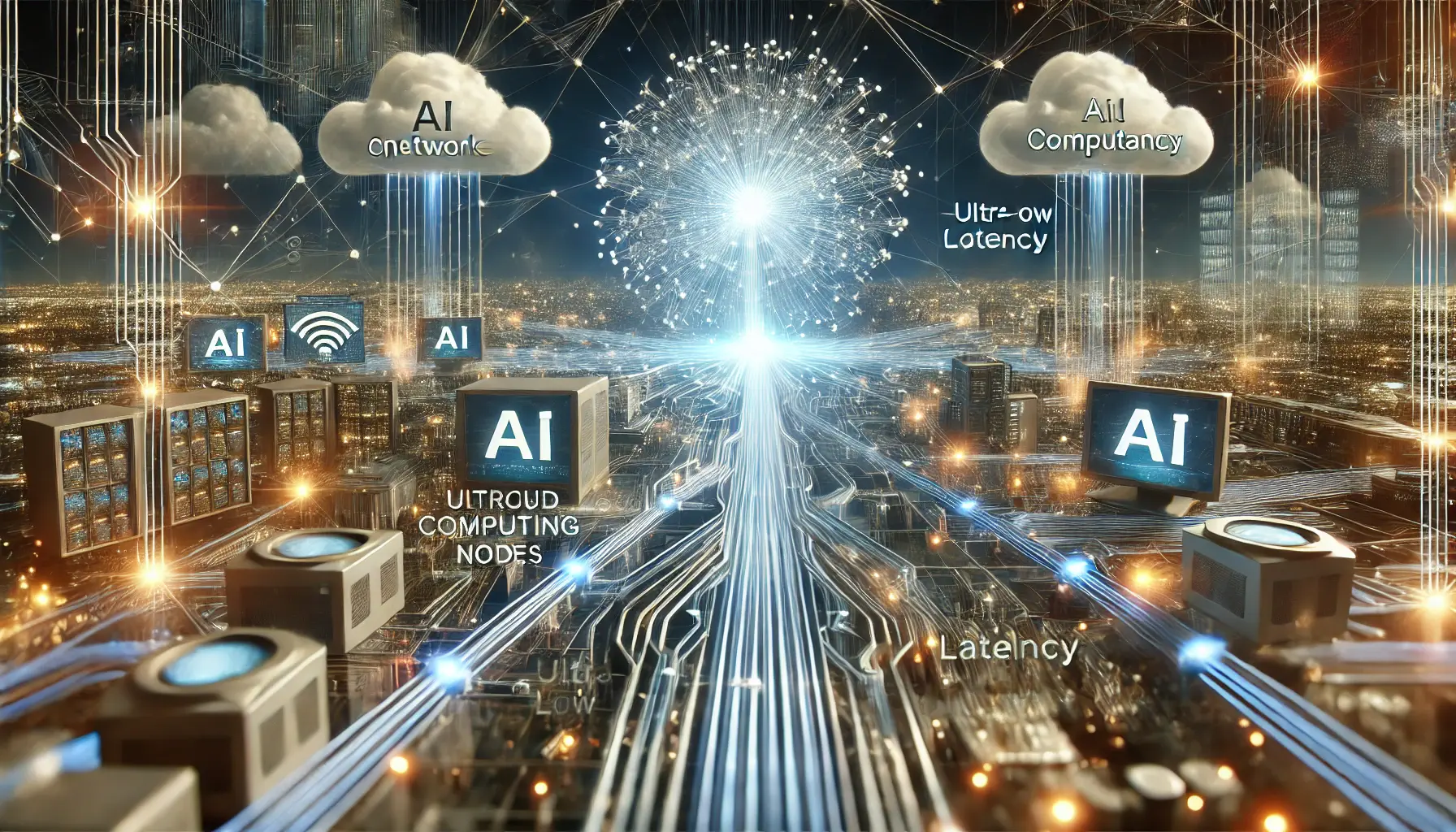 A futuristic high-speed data network with interconnected glowing fiber optic cables, cloud computing nodes, and AI-driven data exchanges, symbolizing seamless AI connectivity.