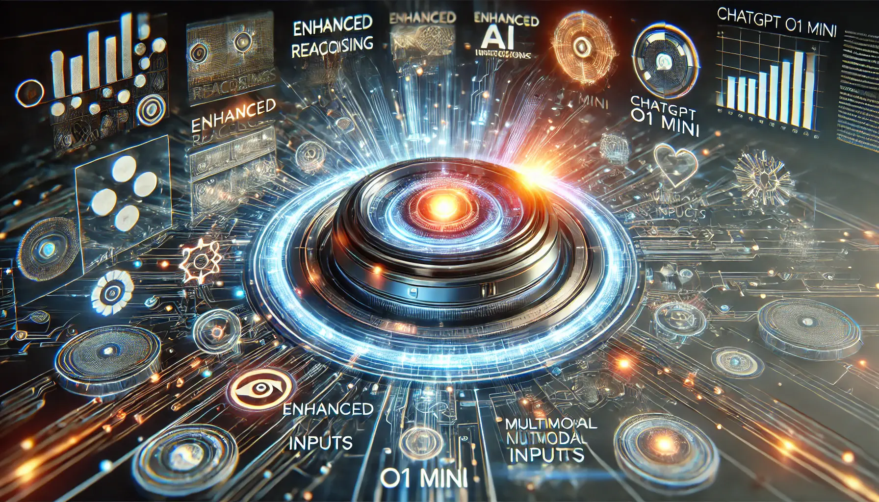 A futuristic AI interface showcasing the new features and improvements of ChatGPT o1 Mini, including enhanced reasoning and multimodal inputs.