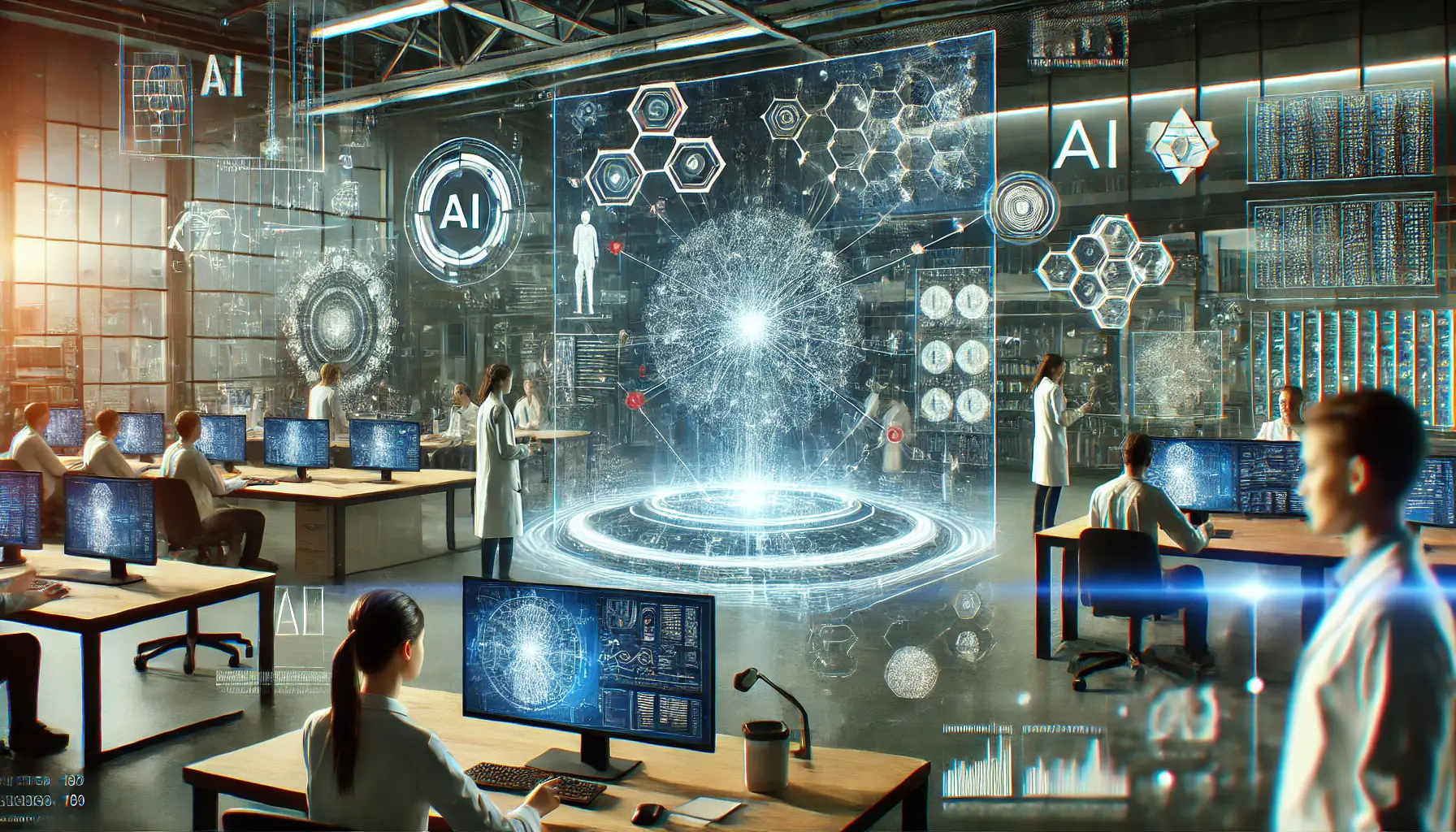 A futuristic research lab with scientists working on AI models and holographic data streams, symbolizing ongoing research and enhancements.