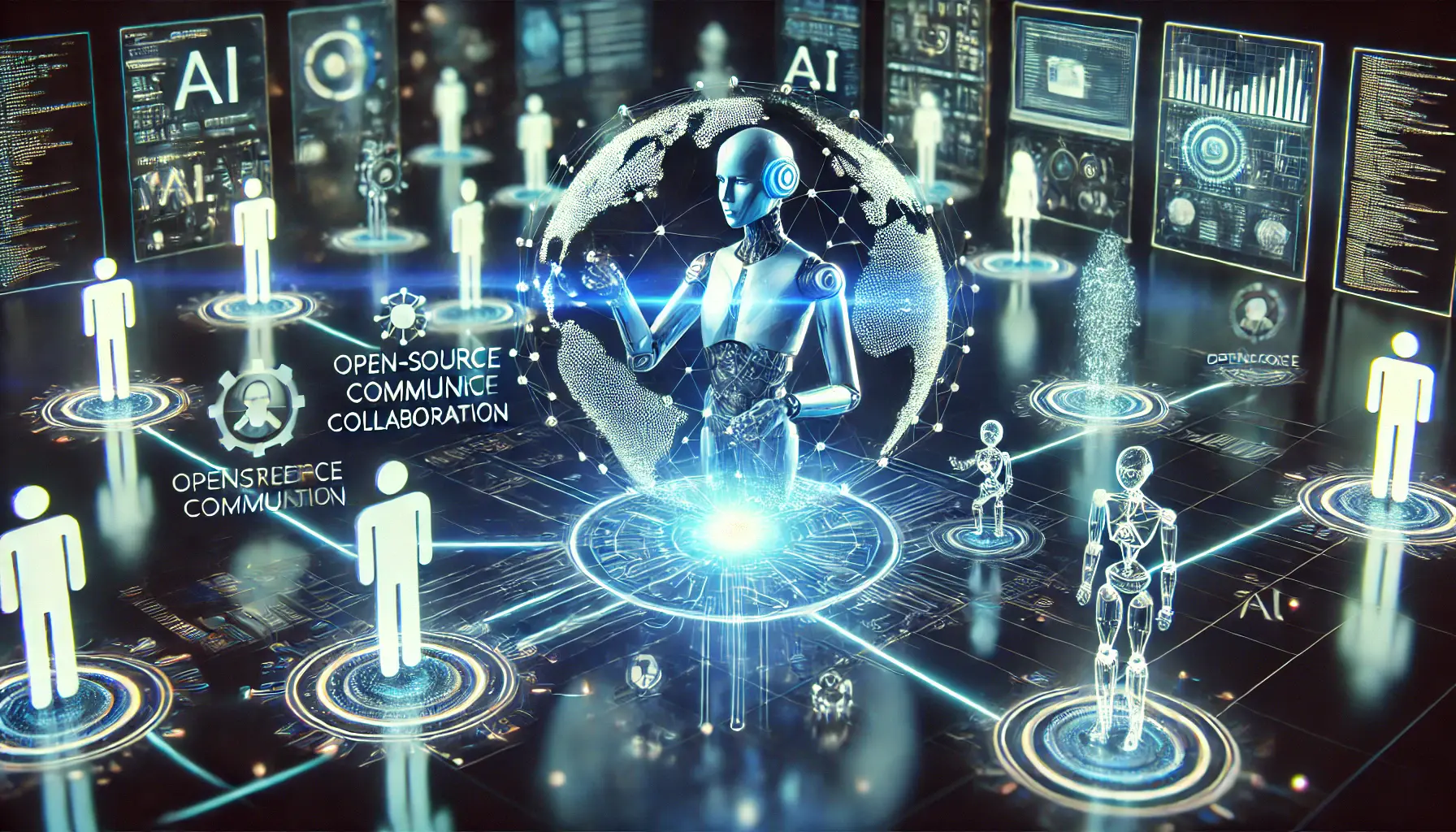 A futuristic digital network with interconnected nodes and holographic figures representing AI developers collaborating in an open-source environment.