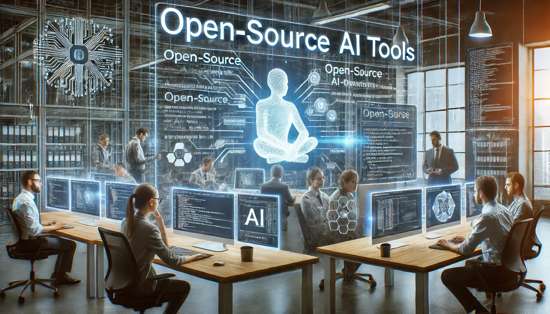 Developers in a modern office accessing and customizing open-source AI tools and code in a collaborative environment.