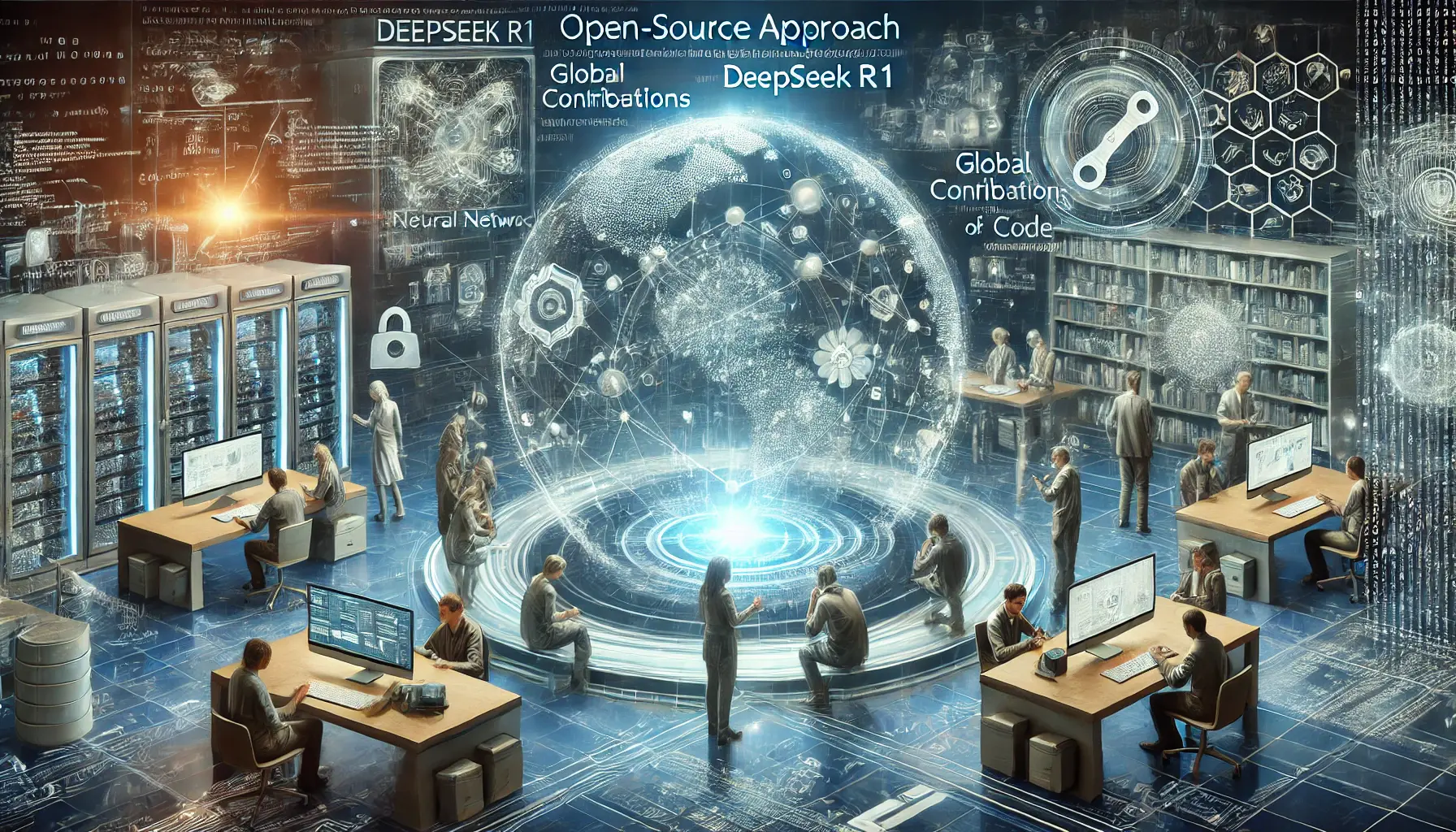 A futuristic AI collaboration hub where researchers and developers interact with holographic data and neural network simulations, symbolizing DeepSeek R1’s open-source approach.