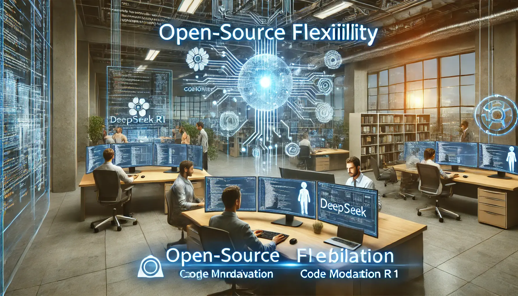 Modern software development team collaborating in a high-tech workspace, showcasing open-source flexibility.