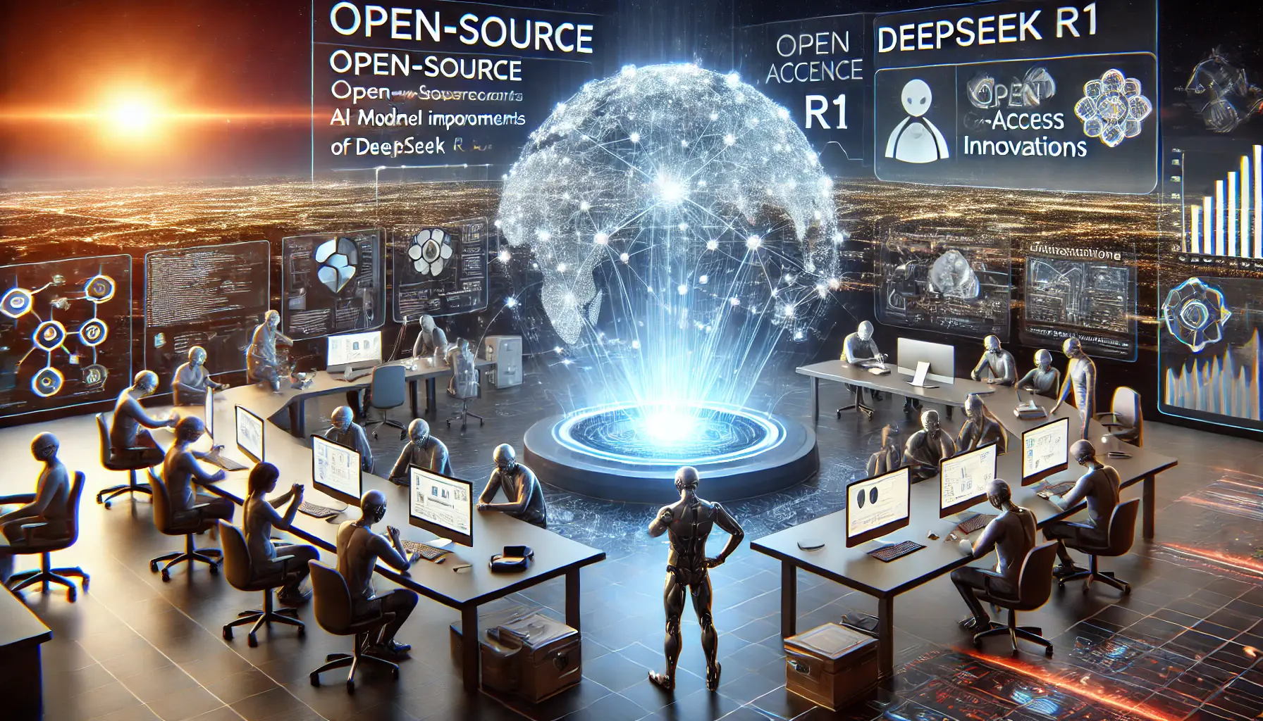 A futuristic AI collaboration hub with researchers and developers sharing AI model improvements through holographic interfaces and a glowing neural network.