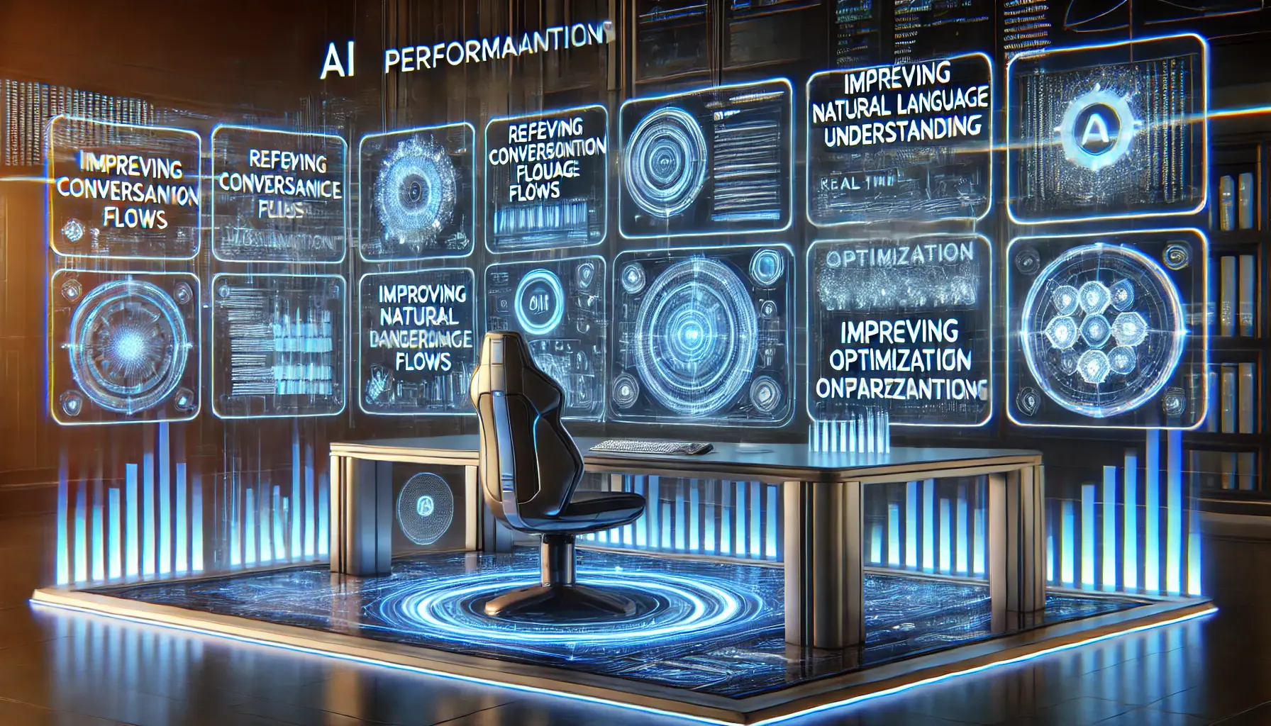 A futuristic tech environment showcasing AI optimization techniques, with holographic screens displaying performance adjustments and system enhancements.