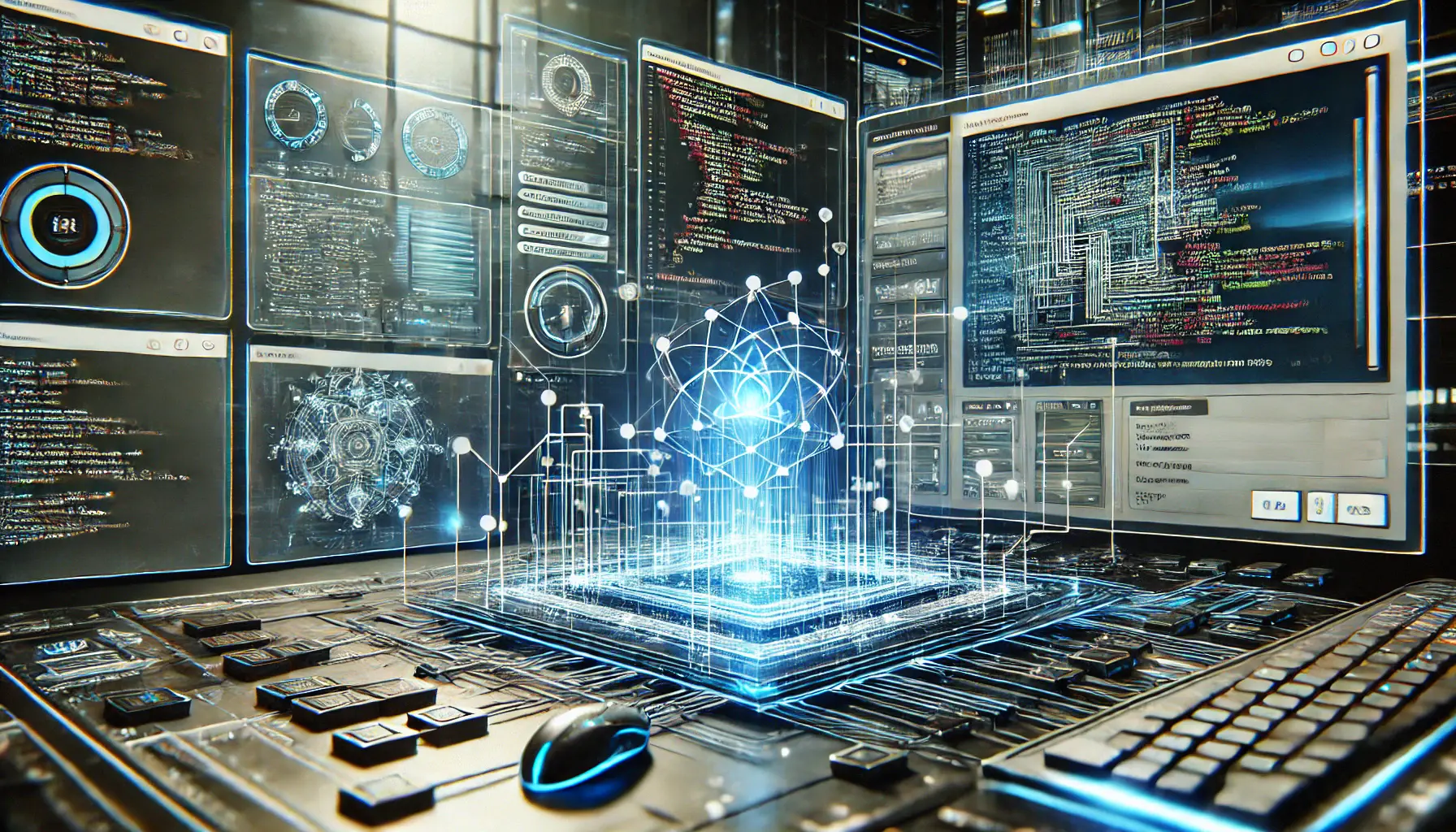 A high-tech workspace showing the process of coding optimization, with streams of code, a debugger, and a complex algorithm being optimized in real-time.