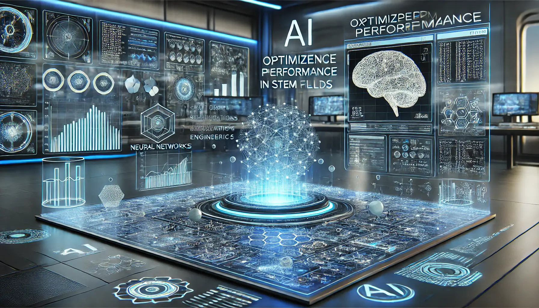 A futuristic AI system processing scientific calculations, engineering schematics, and complex mathematical equations in real-time with holographic displays.