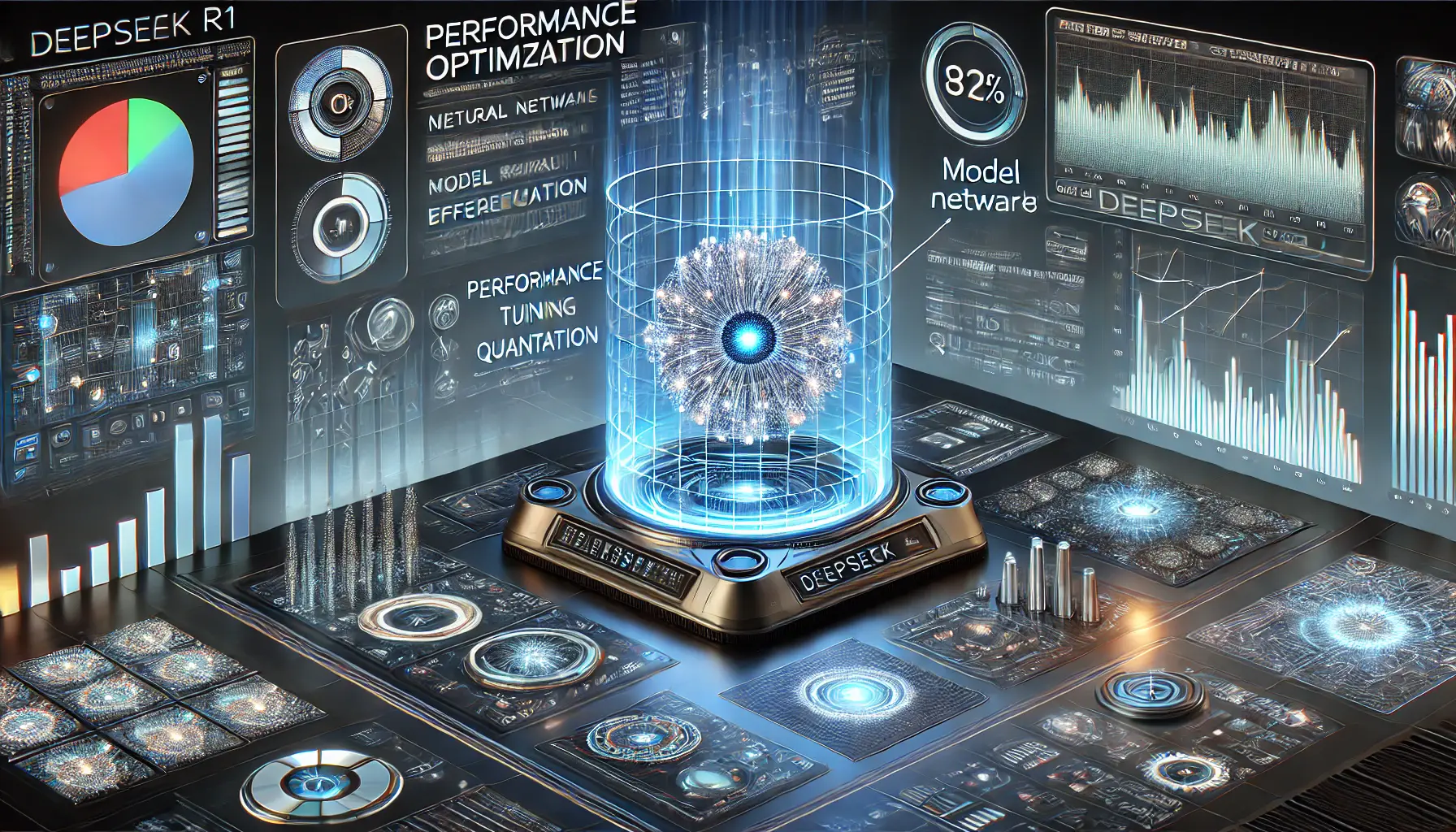 A futuristic AI optimization scene with a high-tech control center displaying performance tuning, model quantization, and resource allocation. A glowing AI core represents DeepSeek R1, surrounded by holographic digital optimization metrics and efficiency graphs.