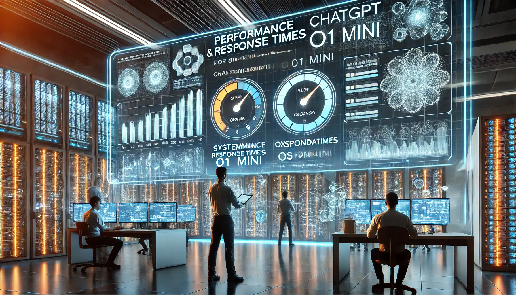 Engineers monitoring a high-tech dashboard with system performance metrics, response times, and optimization settings for ChatGPT o1 Mini in a modern AI control room.