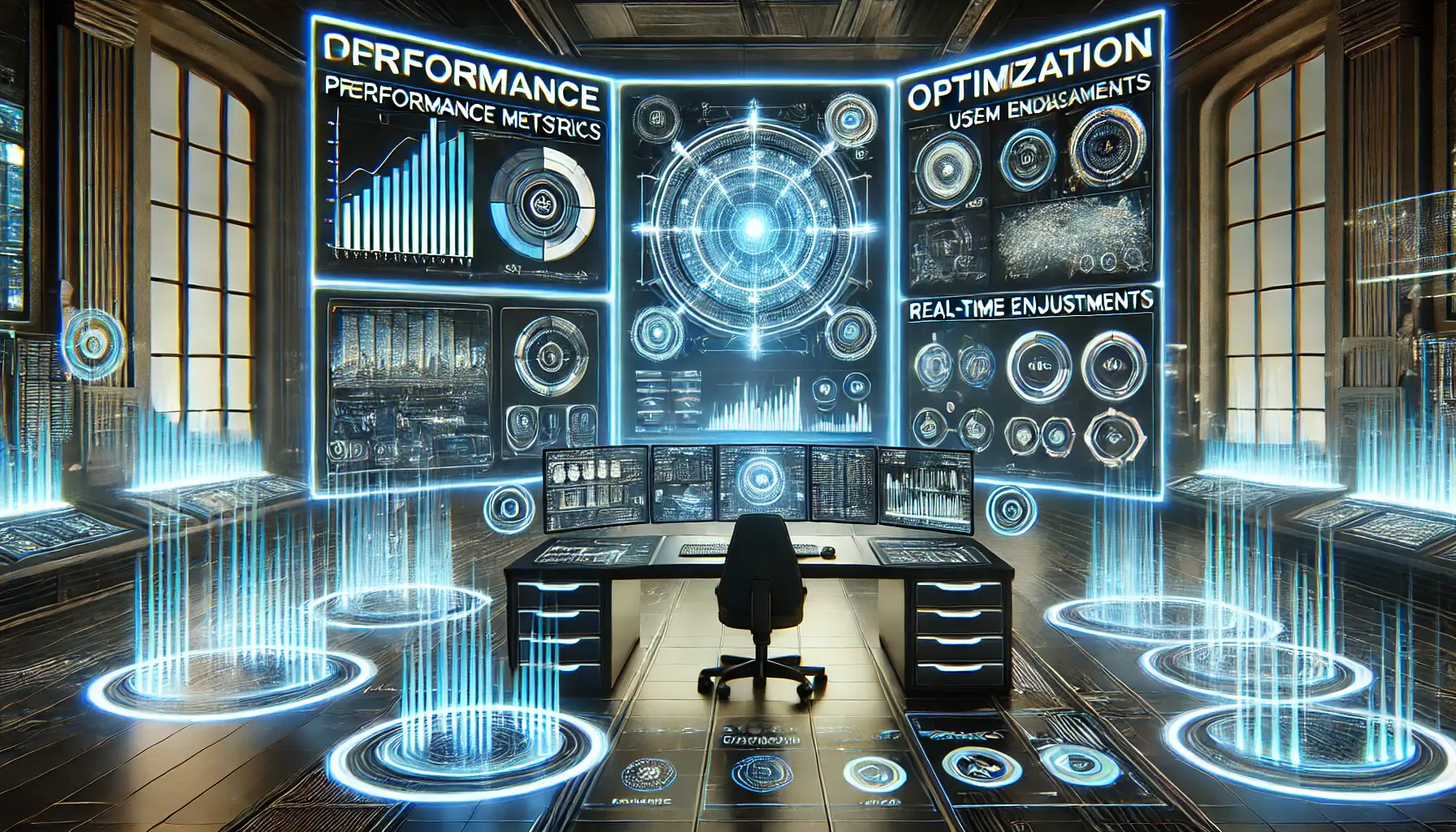 A high-tech workstation showing AI performance optimization and user experience adjustments, with multiple holographic screens displaying real-time metrics and enhancements.