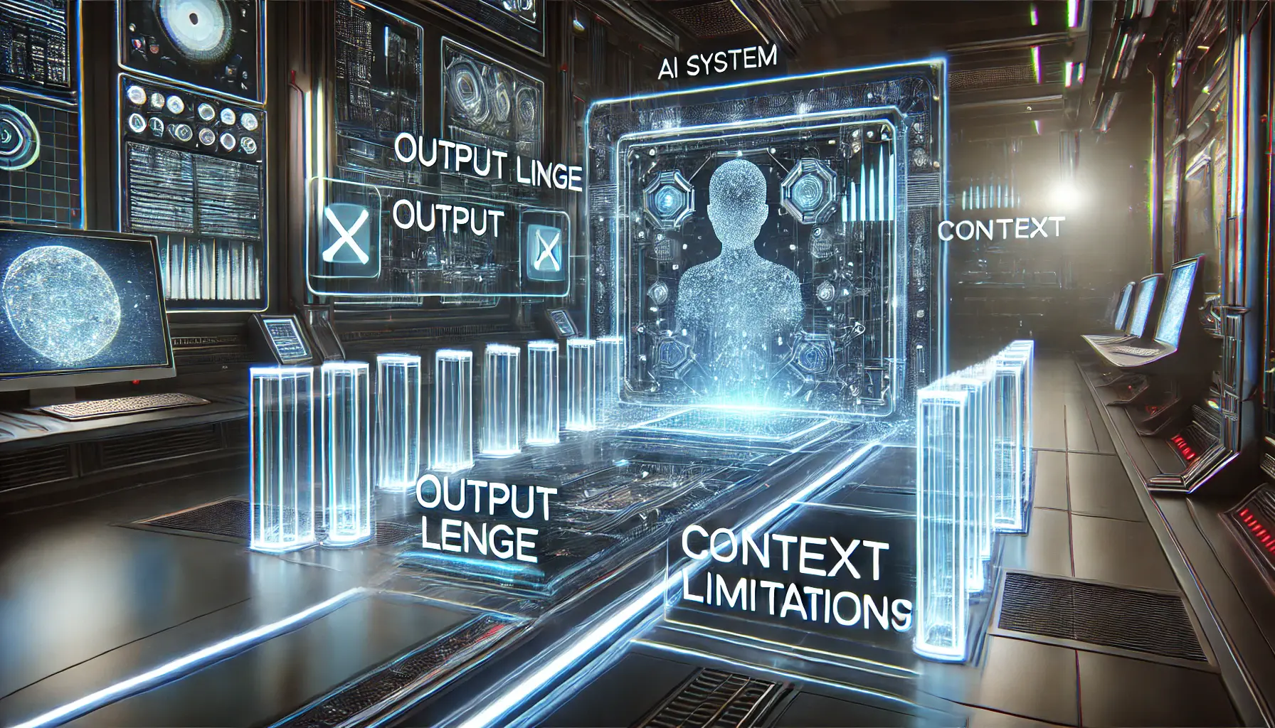 A high-tech digital interface showing AI system output and context limitations, represented by gaps in data flow and barriers.