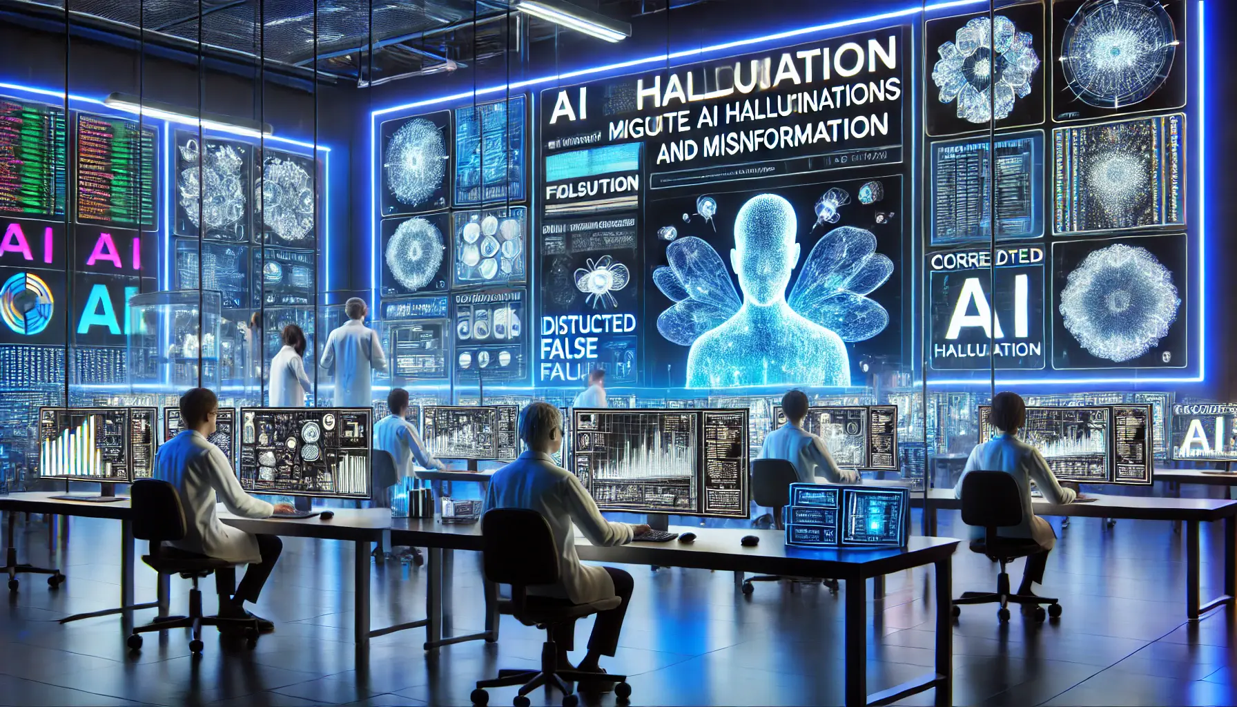 A high-tech AI lab where scientists work to identify and correct AI hallucinations and misinformation, with digital screens displaying distorted data being corrected.