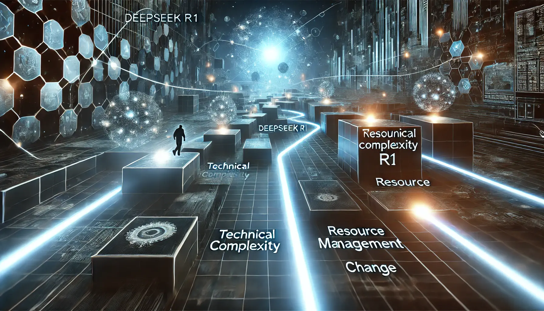 A futuristic visualization representing the common challenges of implementing DeepSeek R1, with obstacles in the neural network symbolizing difficulties in AI implementation.