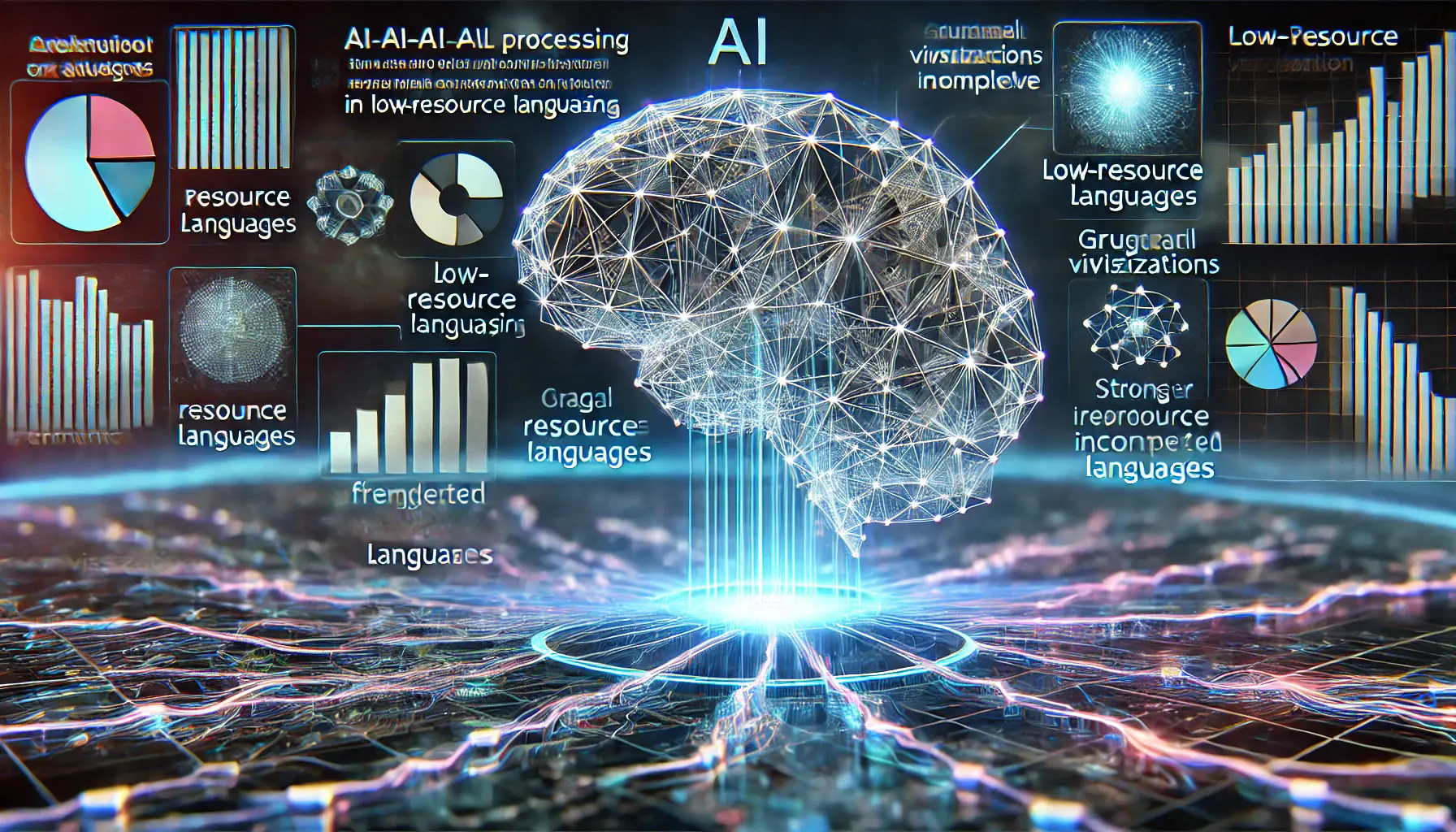 A futuristic digital scene showing AI overcoming its limitations in multilingual processing, with incomplete neural networks evolving into stronger connections.