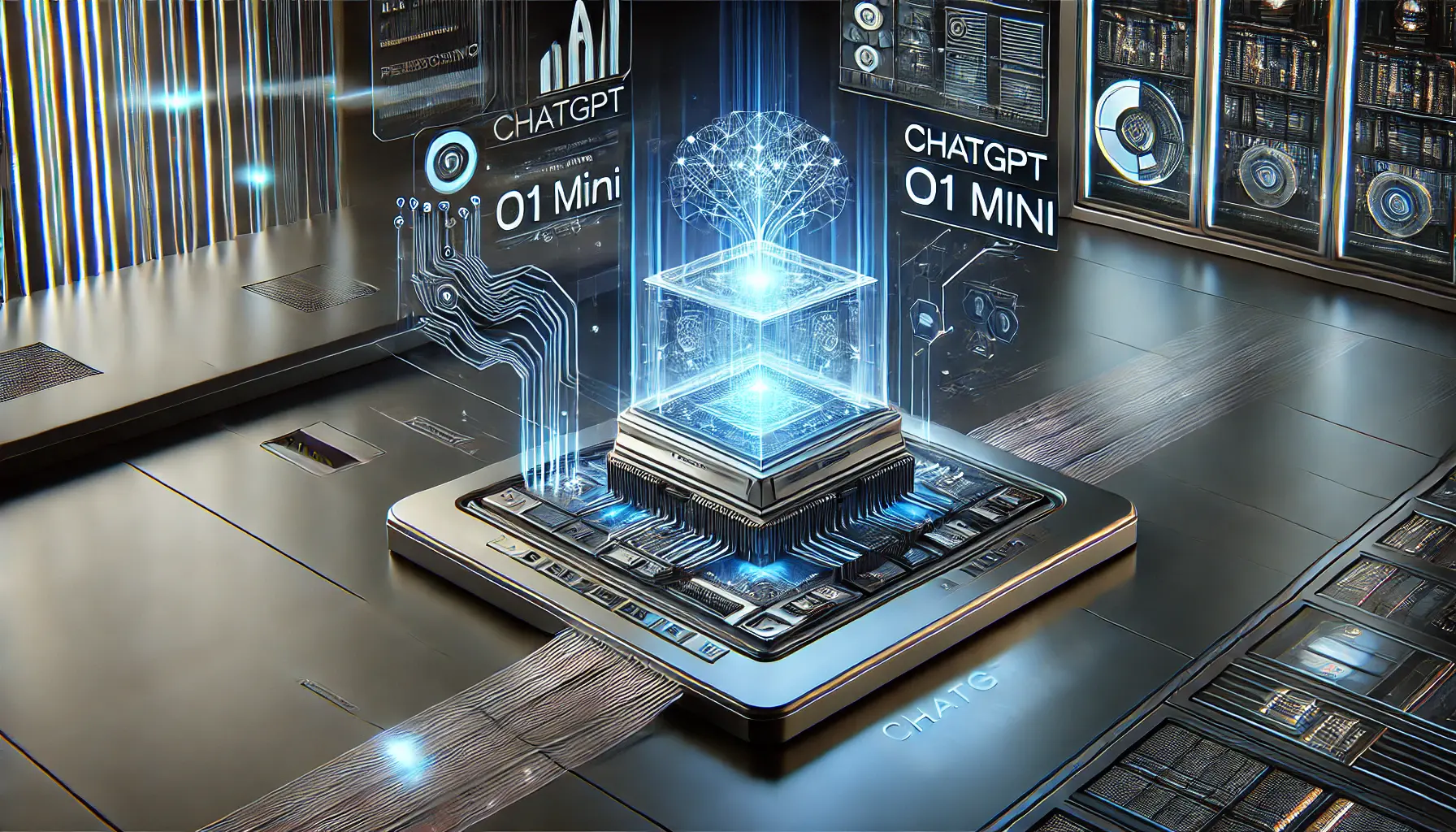 A high-tech AI interface displaying a digital representation of ChatGPT o1 Mini, featuring a futuristic control panel with AI-generated data and glowing neural pathways.