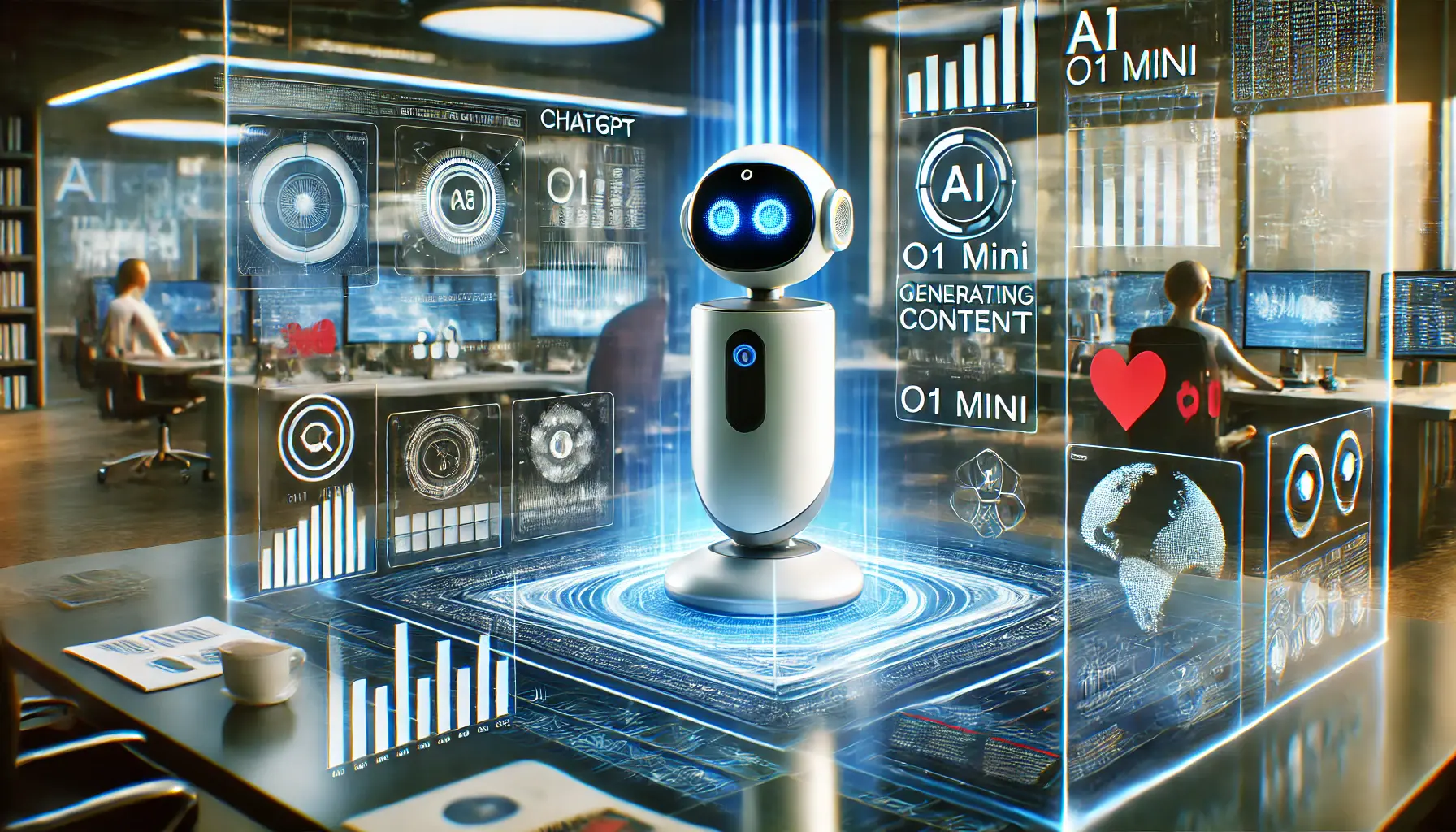 A futuristic AI-powered device representing ChatGPT o1 Mini in a high-tech workspace, with holographic screens displaying data analysis, content generation, and digital marketing assistance.