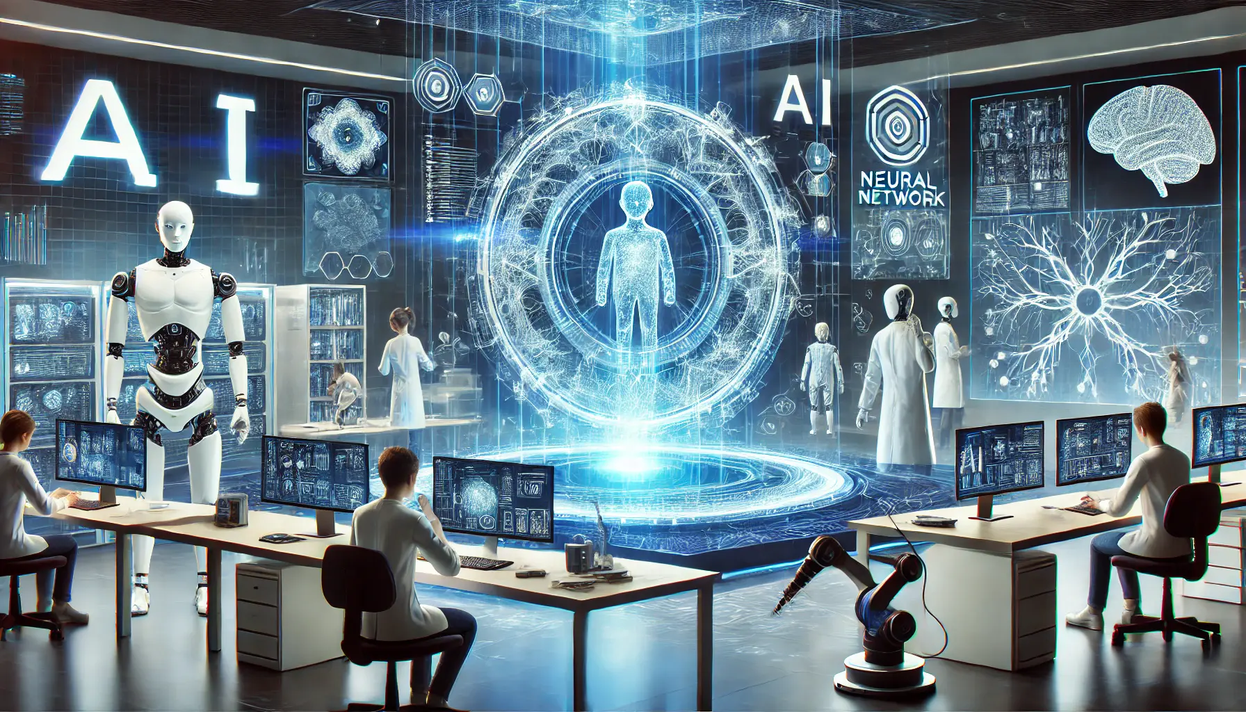 A futuristic AI research lab with scientists working on an advanced AI model, surrounded by holographic data projections and robotic arms.