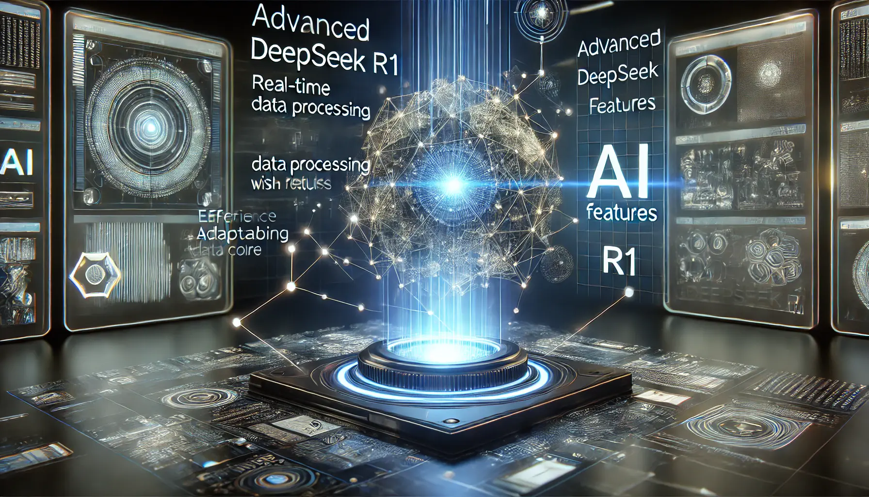 A high-tech AI interface displaying DeepSeek R1's advanced features, including a glowing AI core, interconnected data points, and real-time data analysis in a futuristic, digital environment.