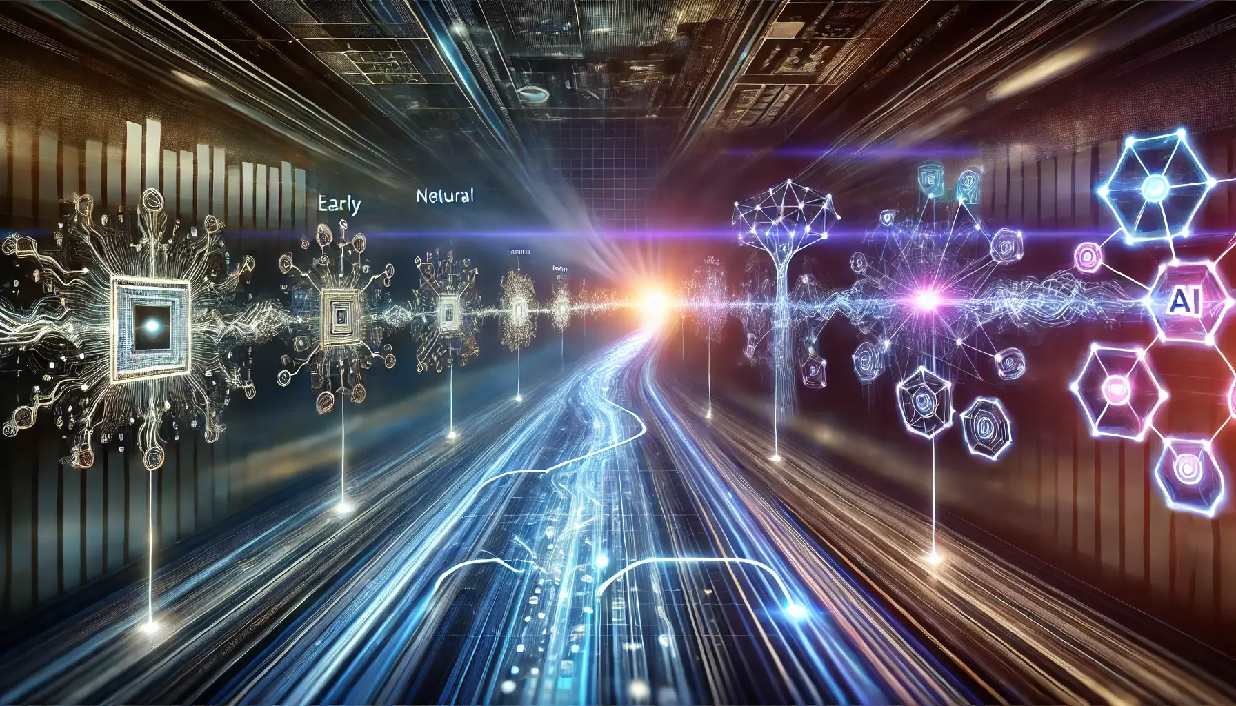 A futuristic timeline visualization depicting the progression of an AI model, with interconnected nodes and circuits representing technological advancements.