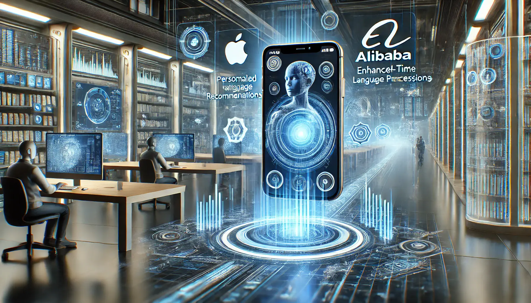 A futuristic scene showing an iPhone displaying advanced AI functionalities like personalized recommendations and real-time data analysis. A high-tech control room in the background represents the collaboration between Apple and Alibaba to enhance iPhone AI capabilities.