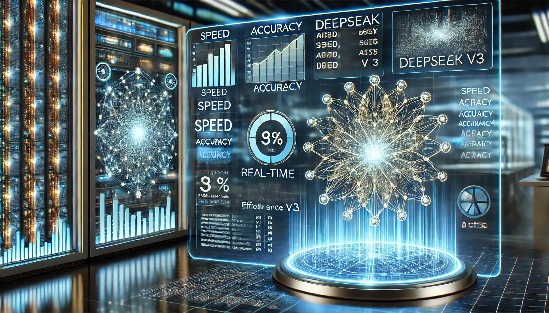 A futuristic AI benchmarking visualization featuring a neural network with glowing nodes and real-time performance metrics displayed on a digital dashboard.